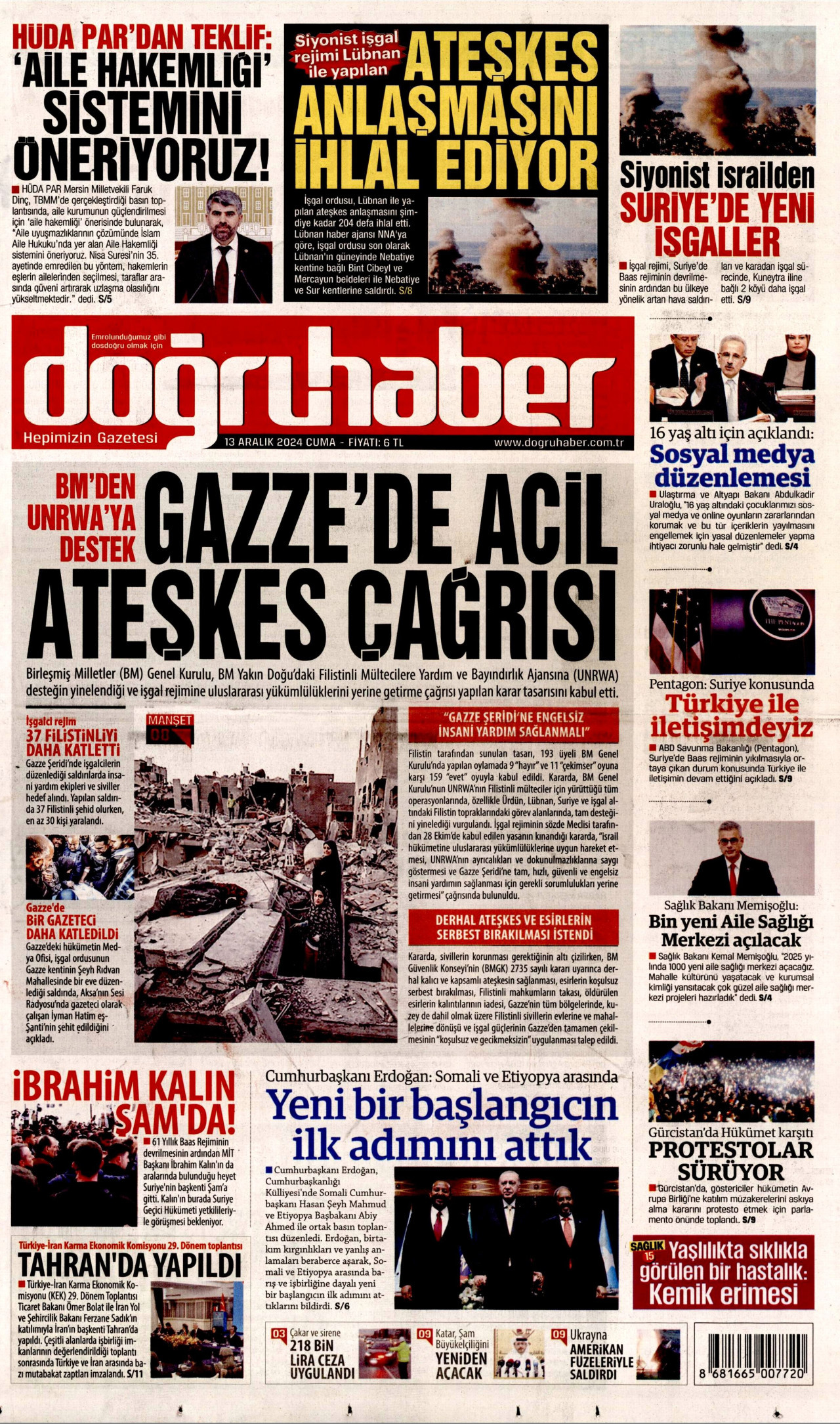 DOĞRU HABER gazetesinin 13 Aralık 2024 tarihli birinci sayfası