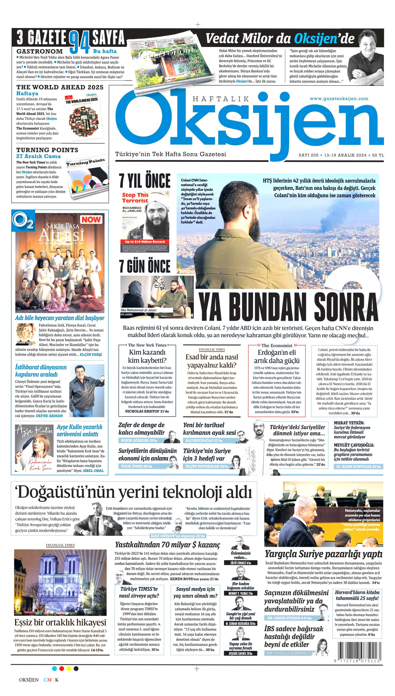 OKSİJEN gazetesinin 13 Aralık 2024 tarihli birinci sayfası
