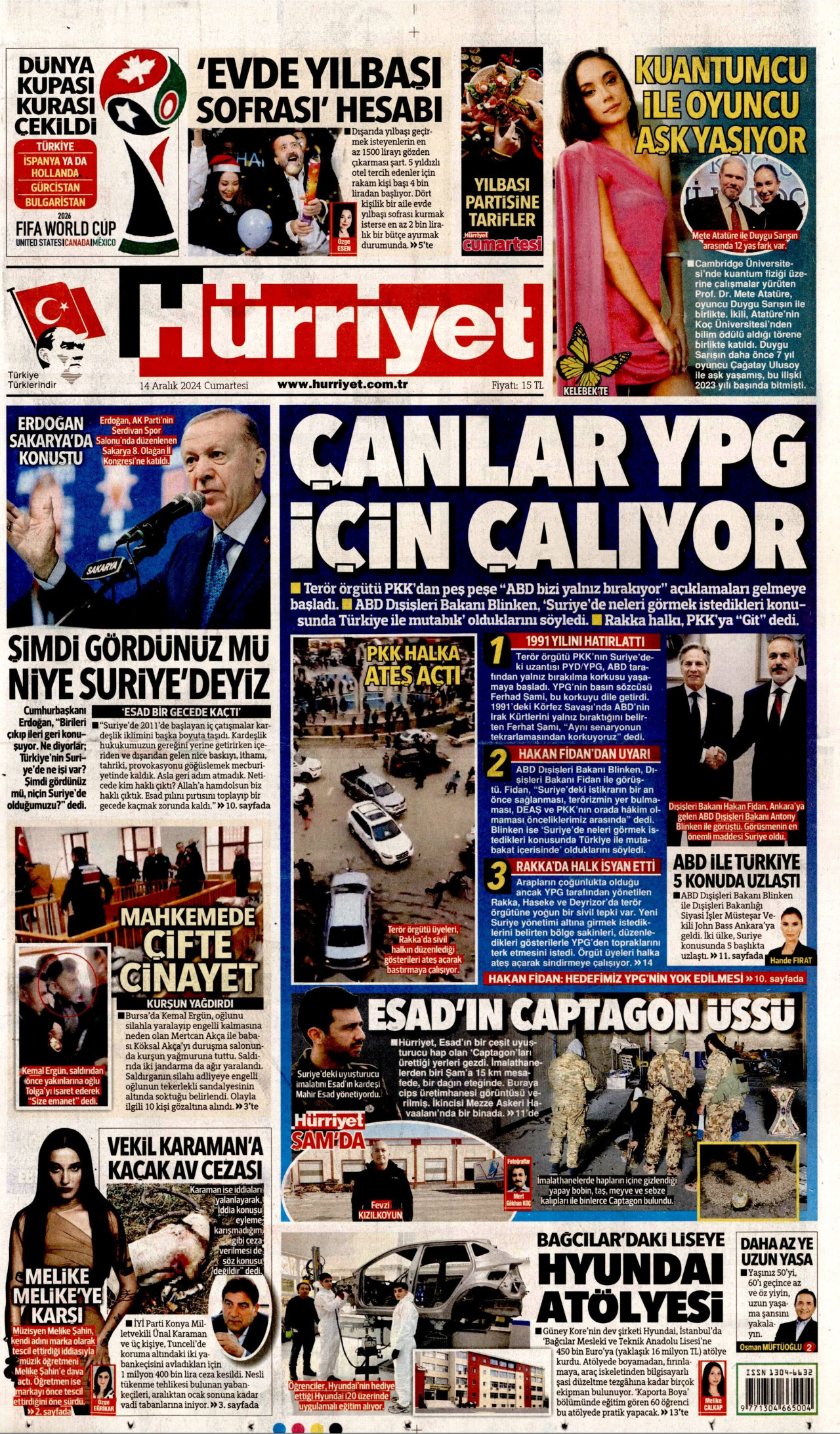 HÜRRİYET gazetesinin 14 Aralık 2024 tarihli birinci sayfası