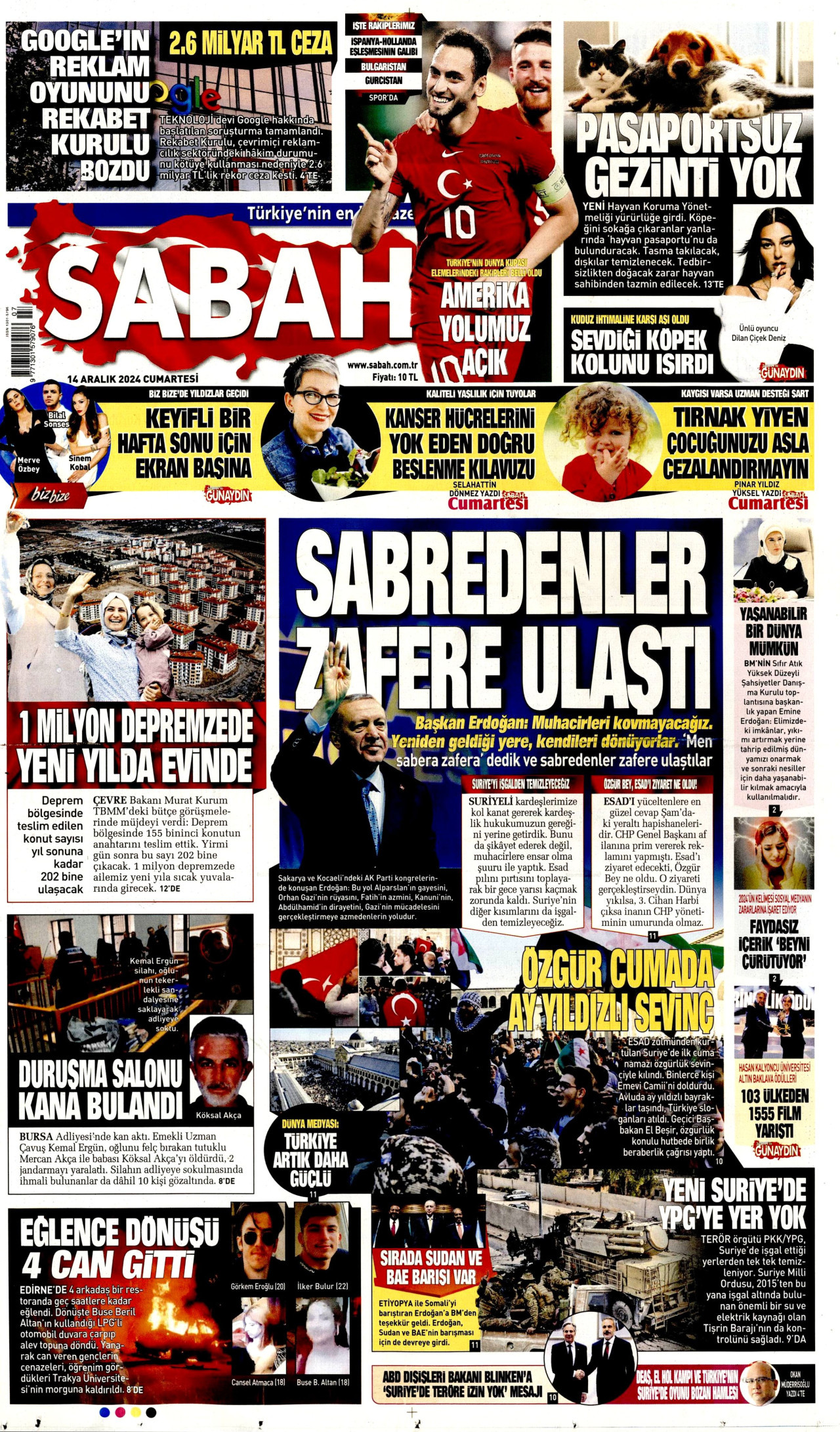 SABAH gazetesinin 14 Aralık 2024 tarihli birinci sayfası