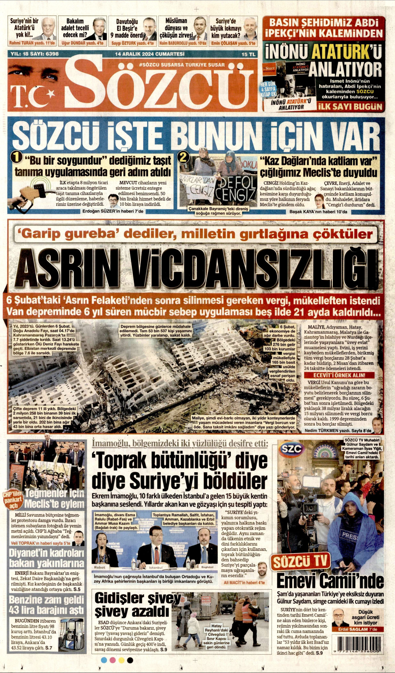 SÖZCÜ gazetesinin 14 Aralık 2024 tarihli birinci sayfası