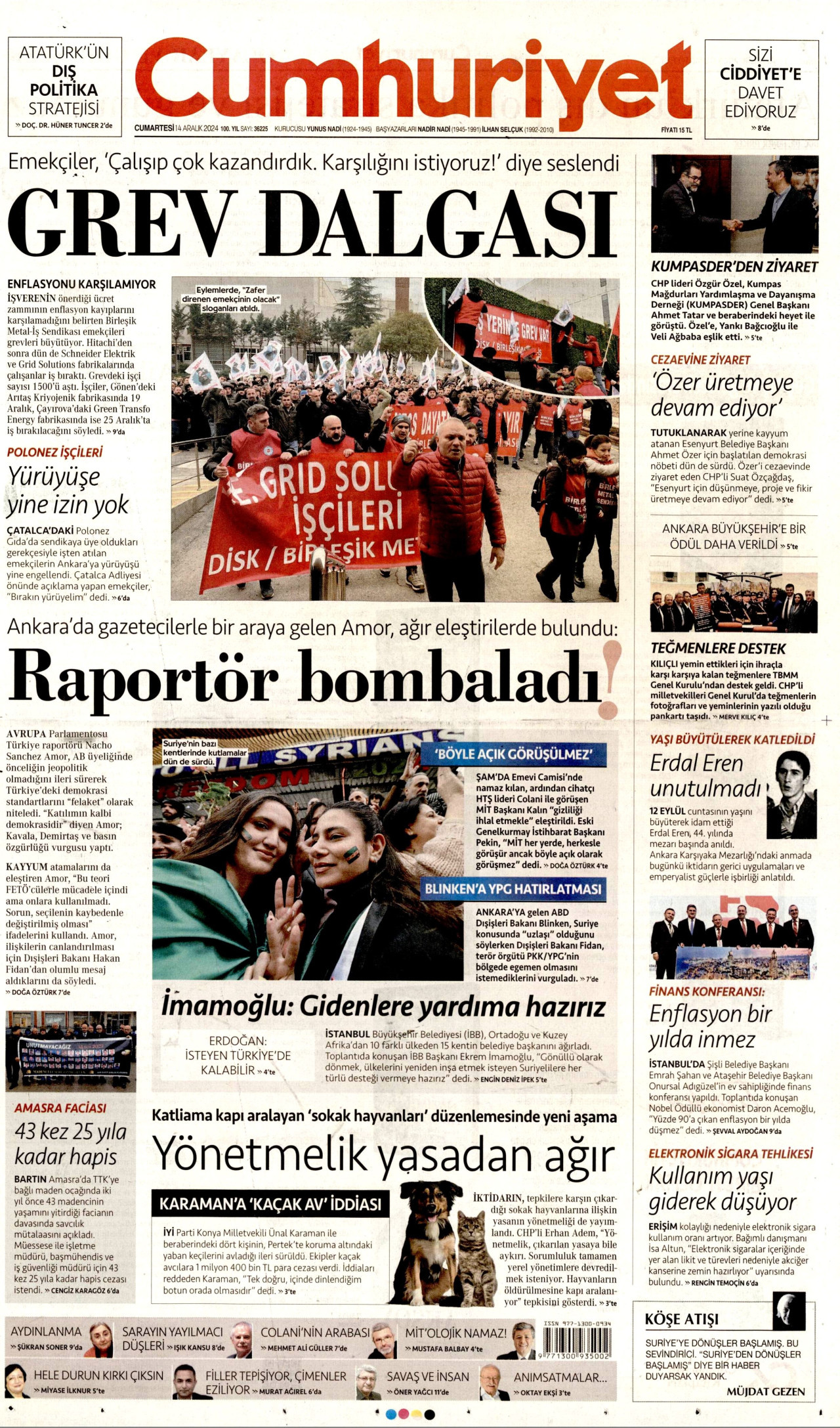 CUMHURİYET gazetesinin 14 Aralık 2024 tarihli birinci sayfası