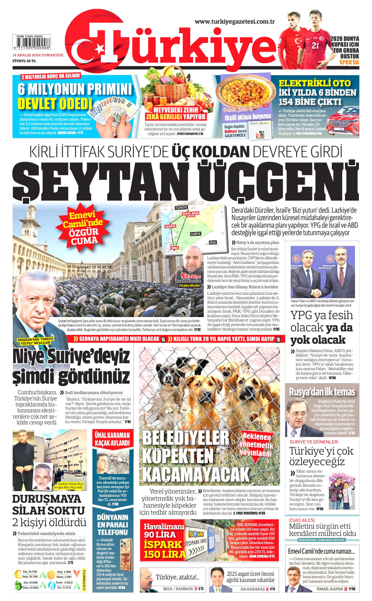 TÜRKİYE GAZETESİ gazetesinin 14 Aralık 2024 tarihli birinci sayfası