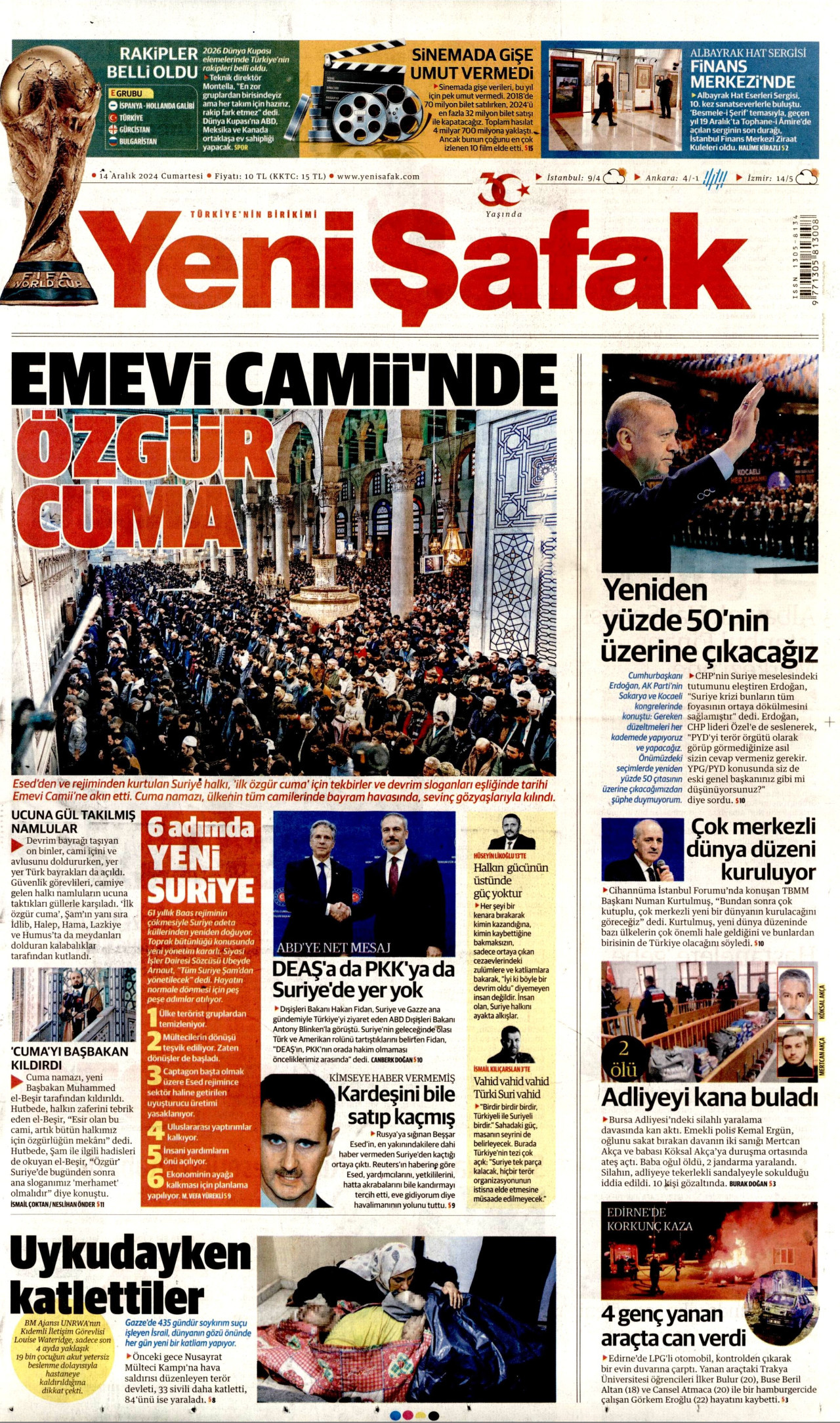 YENİ ŞAFAK gazetesinin 14 Aralık 2024 tarihli birinci sayfası