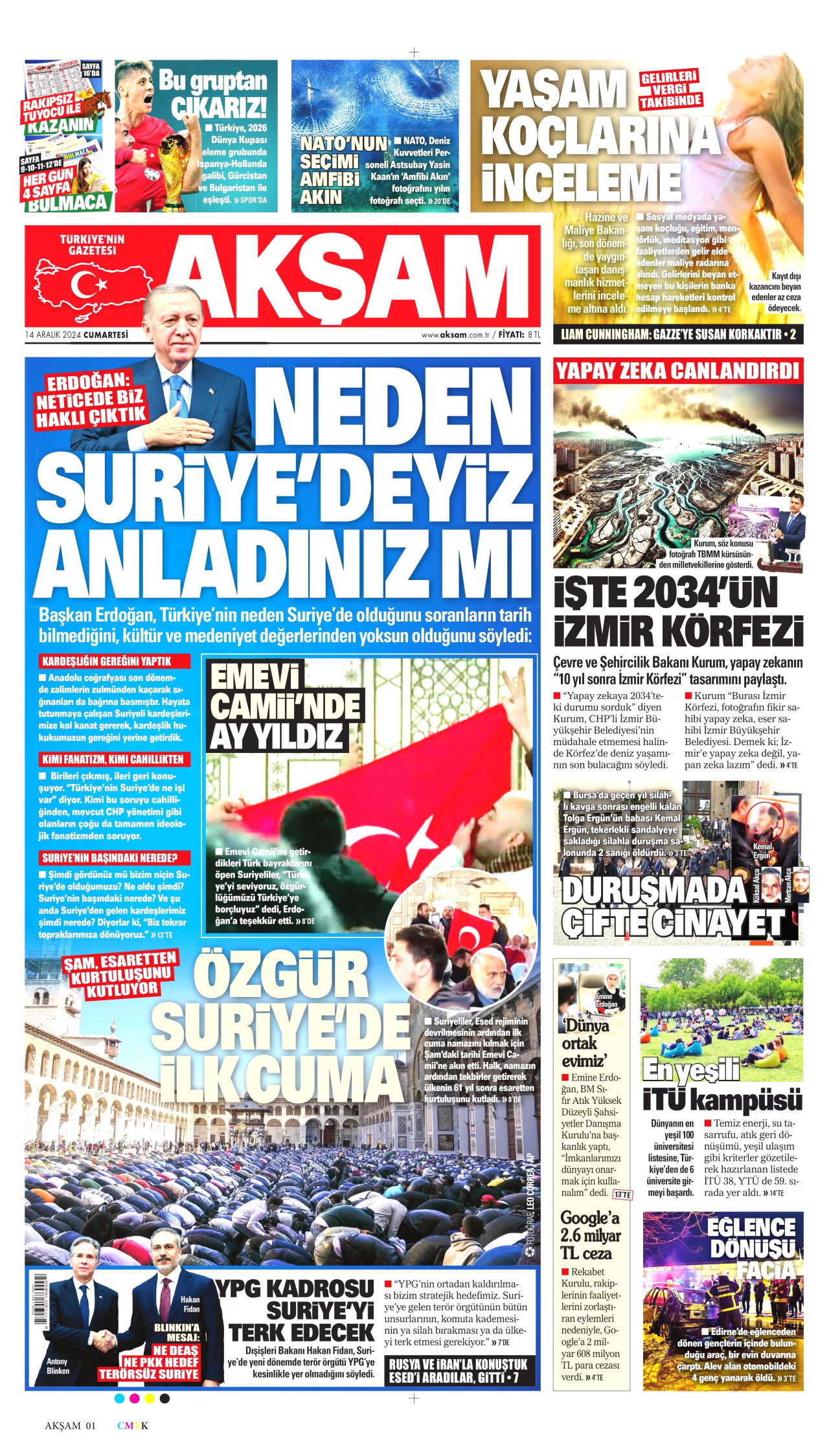 AKŞAM gazetesinin 14 Aralık 2024 tarihli birinci sayfası
