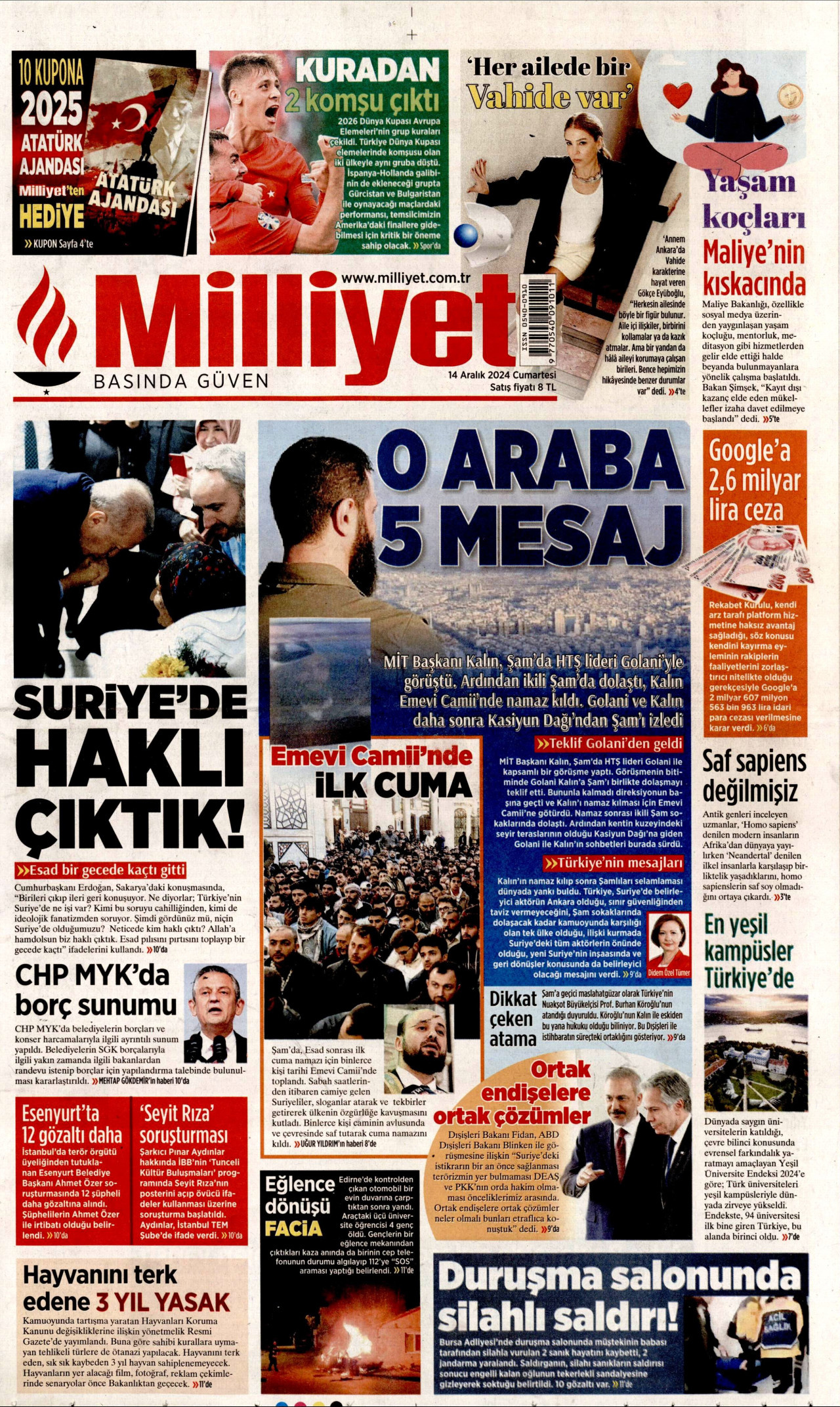 MİLLİYET gazetesinin 14 Aralık 2024 tarihli birinci sayfası