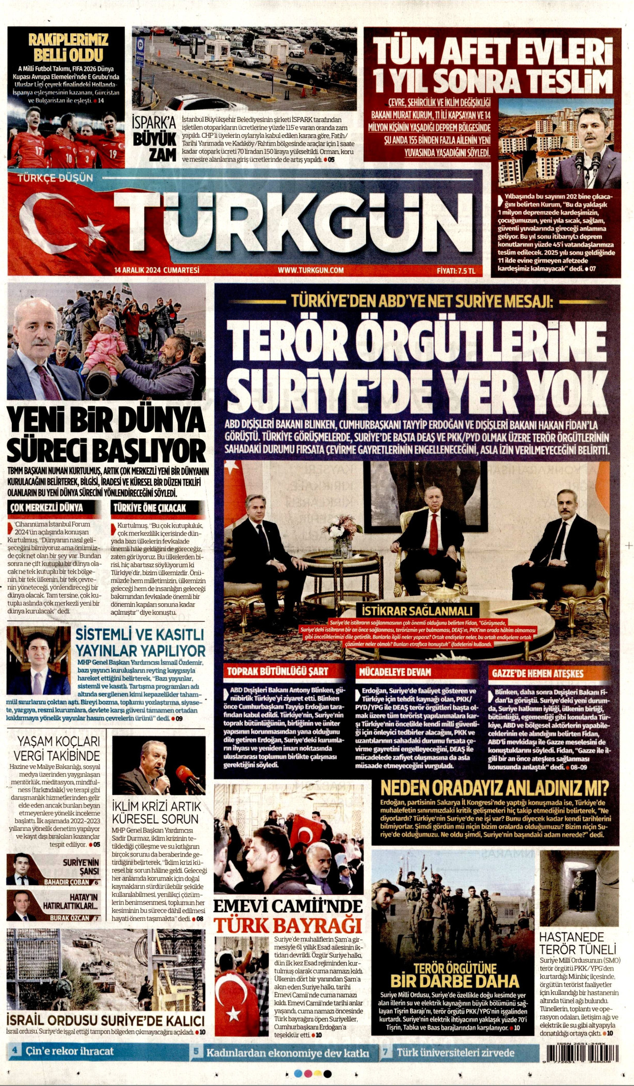 TÜRKGÜN gazetesinin 14 Aralık 2024 tarihli birinci sayfası