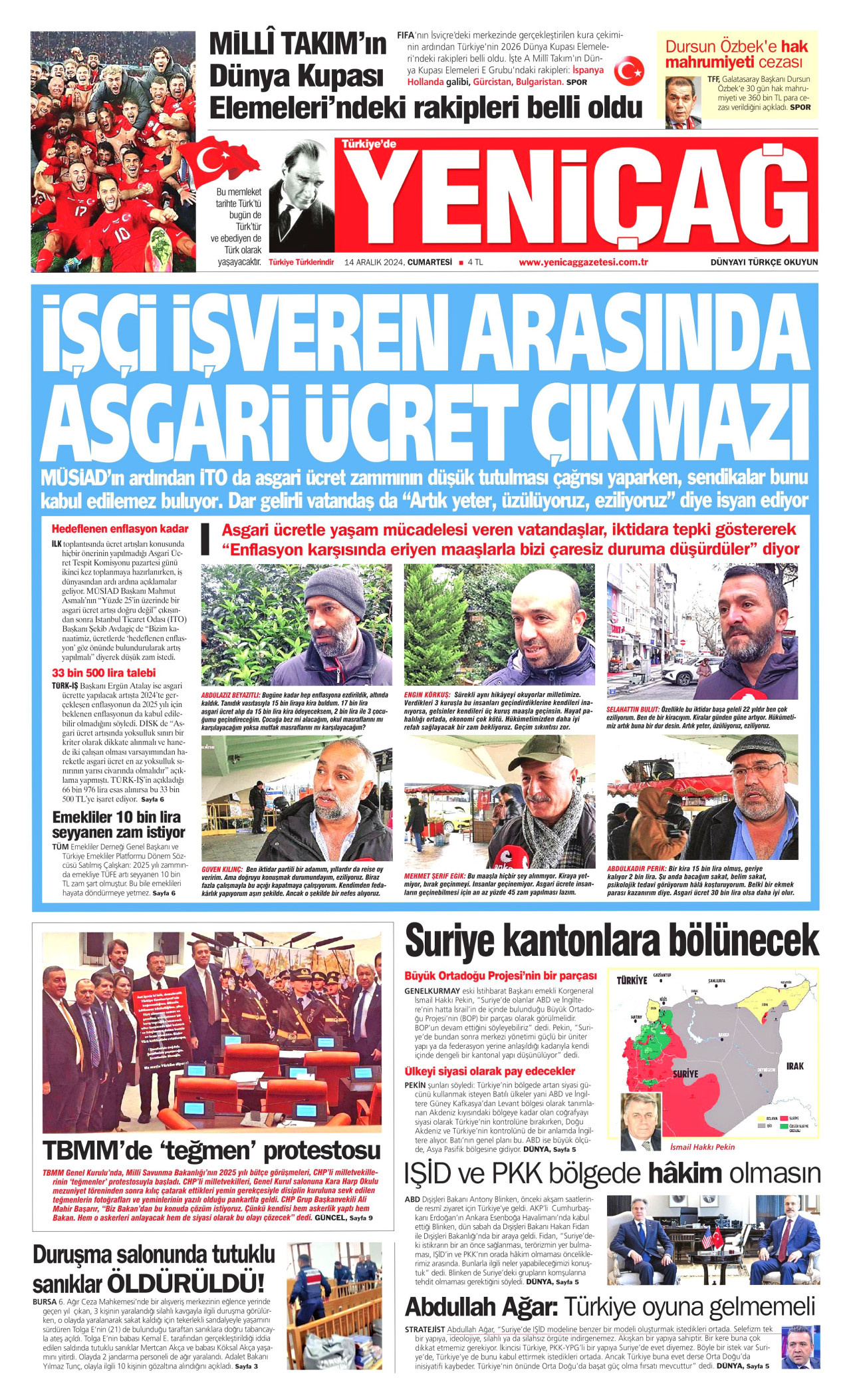YENİÇAĞ gazetesinin 14 Aralık 2024 tarihli birinci sayfası