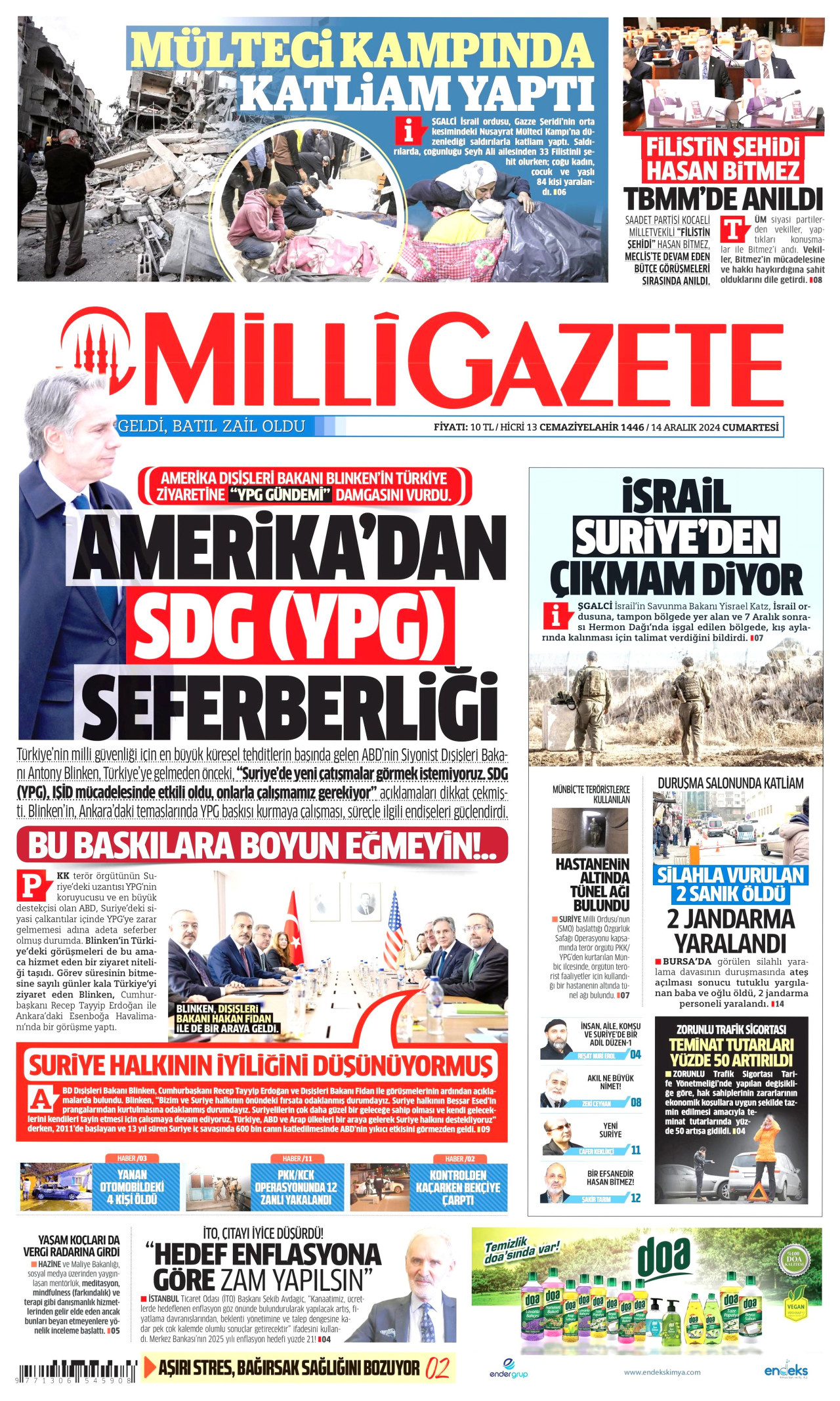 MİLLİ GAZETE gazetesinin 14 Aralık 2024 tarihli birinci sayfası