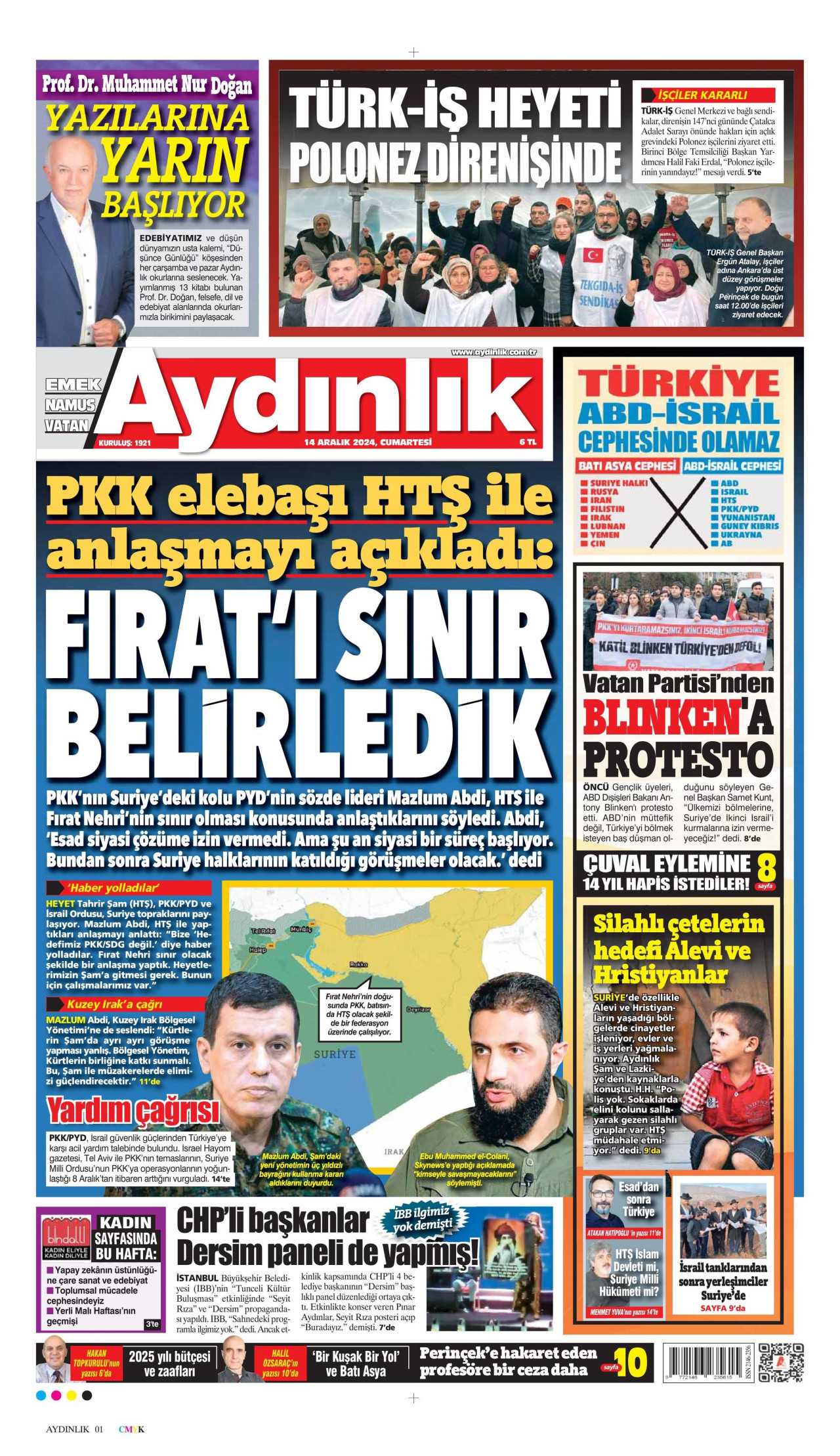 AYDINLIK GAZETESİ gazetesinin 14 Aralık 2024 tarihli birinci sayfası