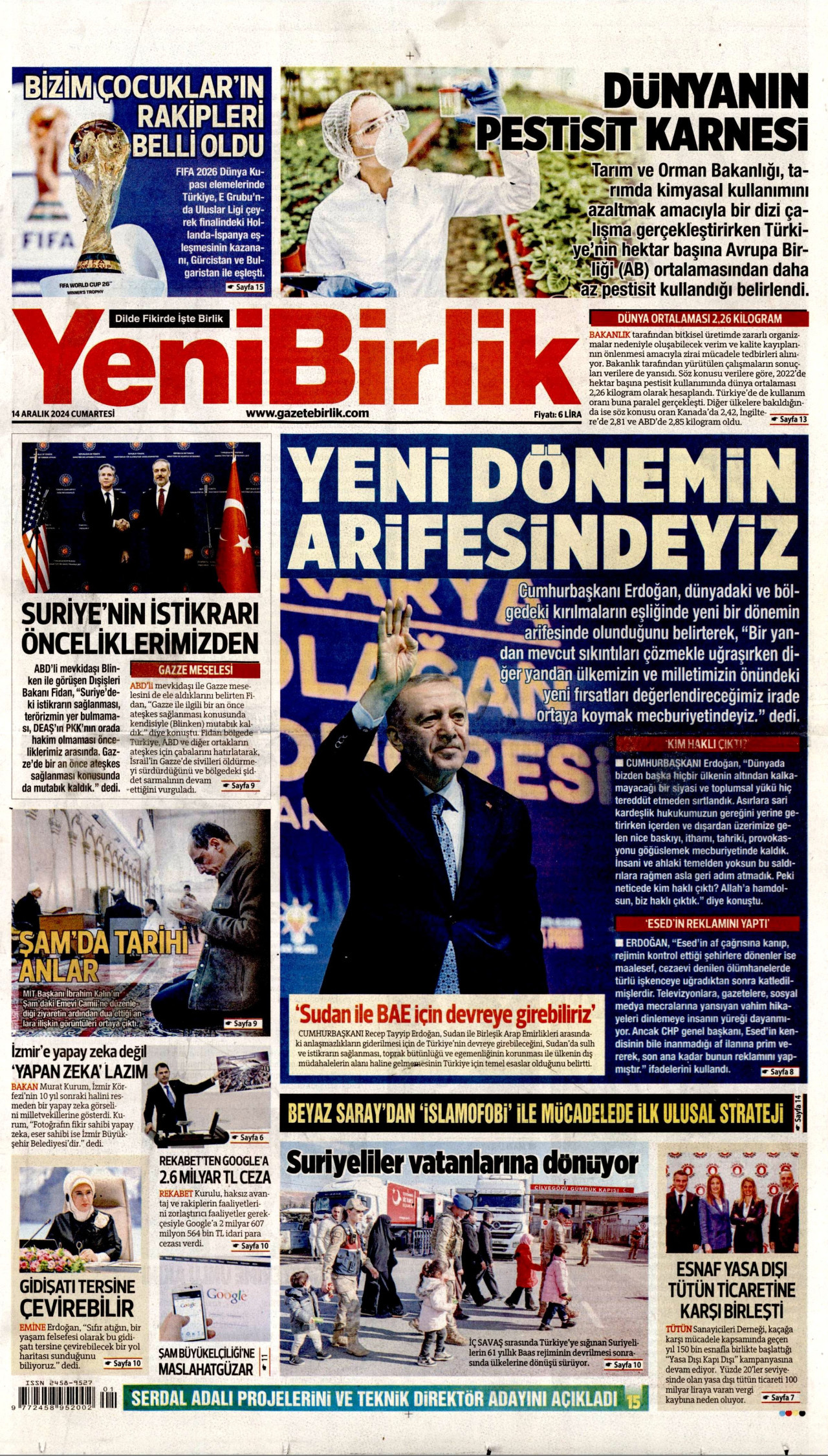 YENİBİRLİK gazetesinin 14 Aralık 2024 tarihli birinci sayfası