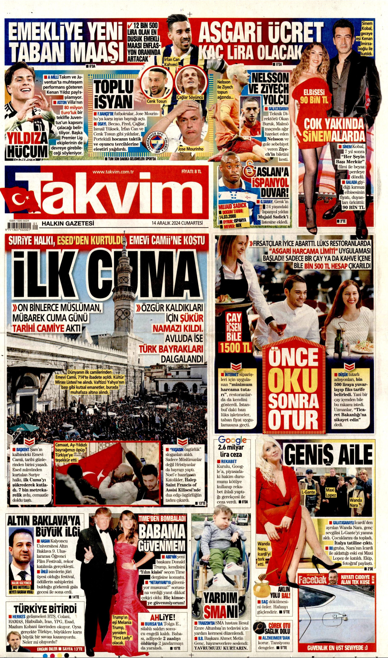 TAKVİM gazetesinin 14 Aralık 2024 tarihli birinci sayfası