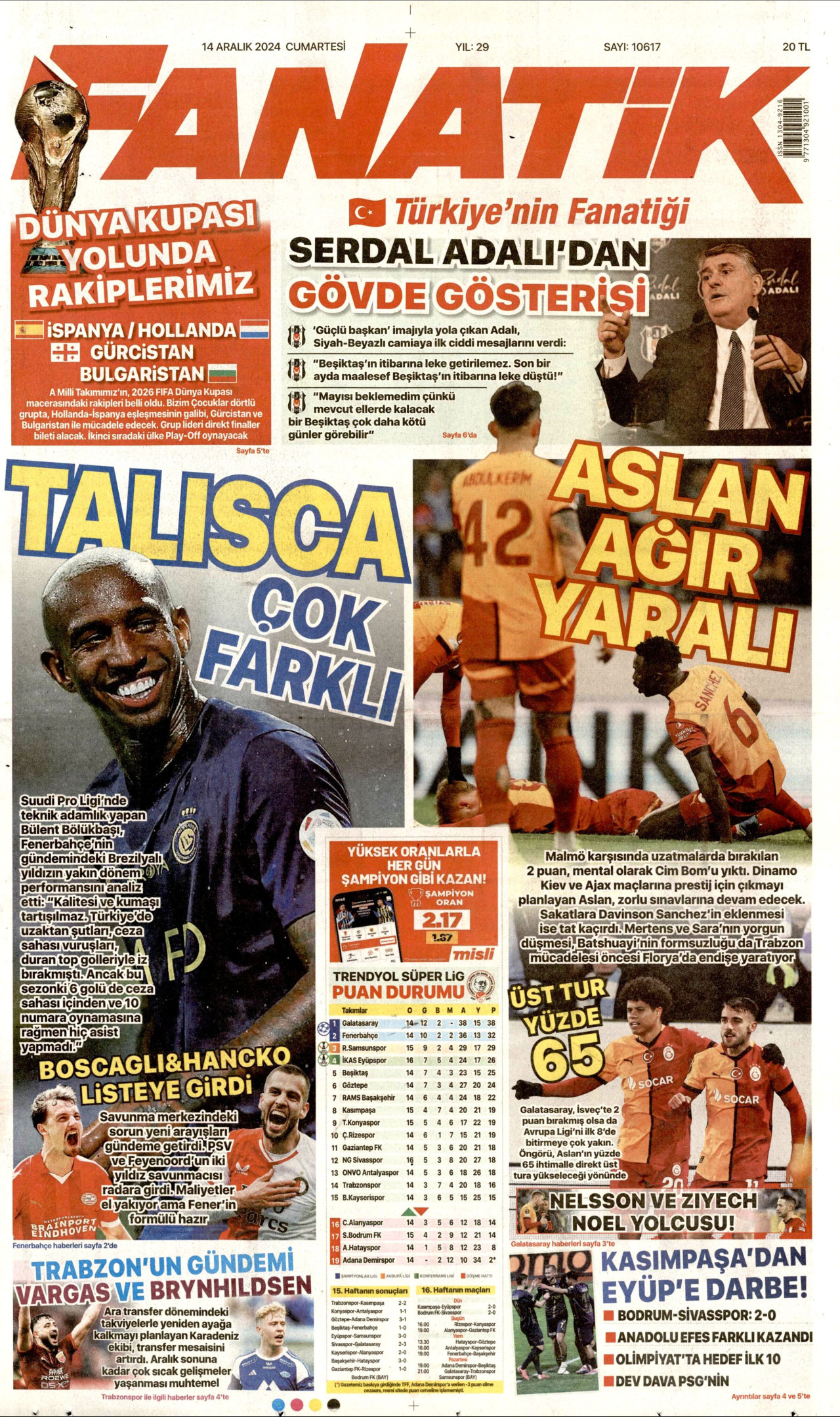 FANATİK gazetesinin 14 Aralık 2024 tarihli birinci sayfası
