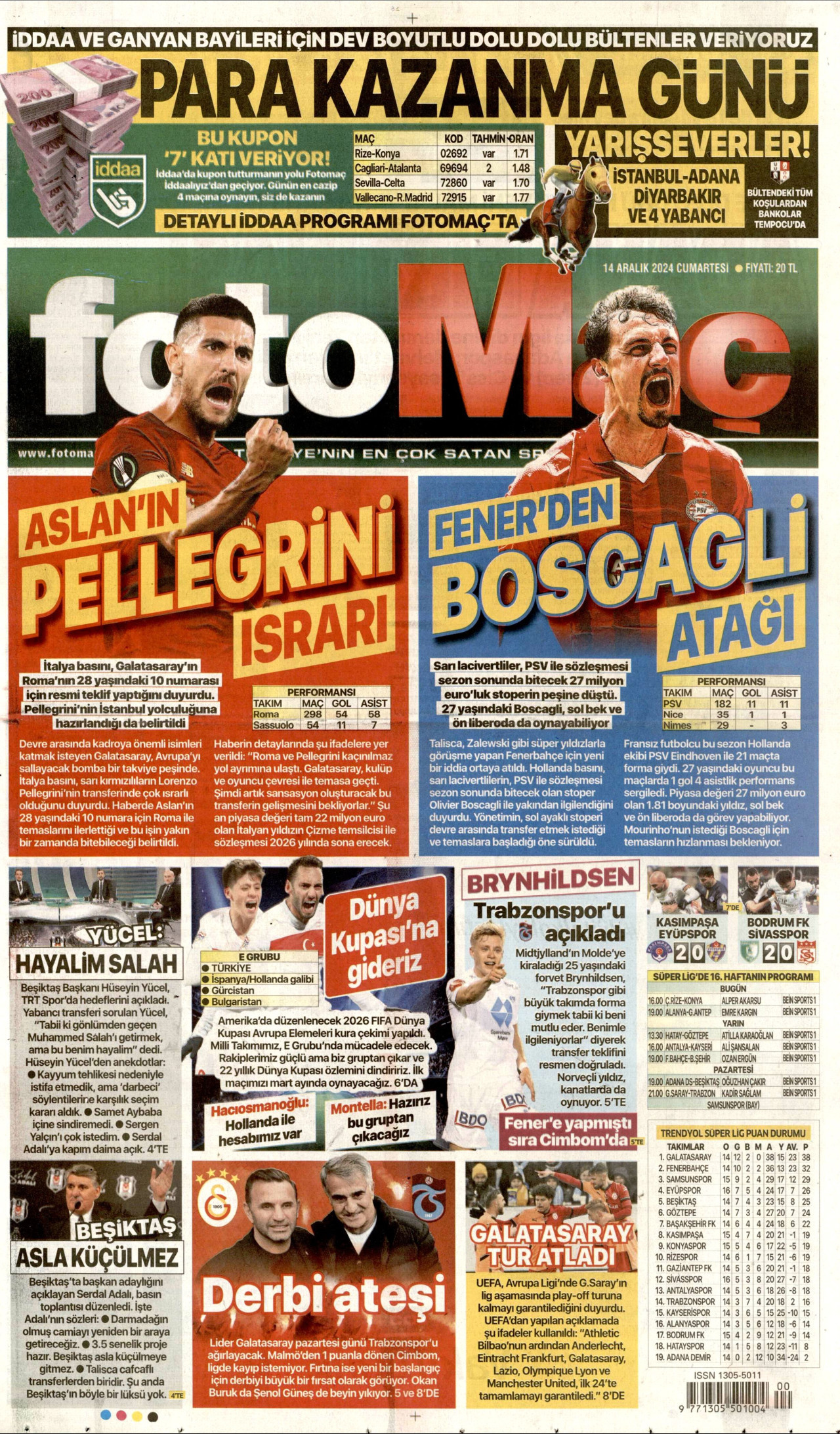 FOTOMAÇ gazetesinin 14 Aralık 2024 tarihli birinci sayfası