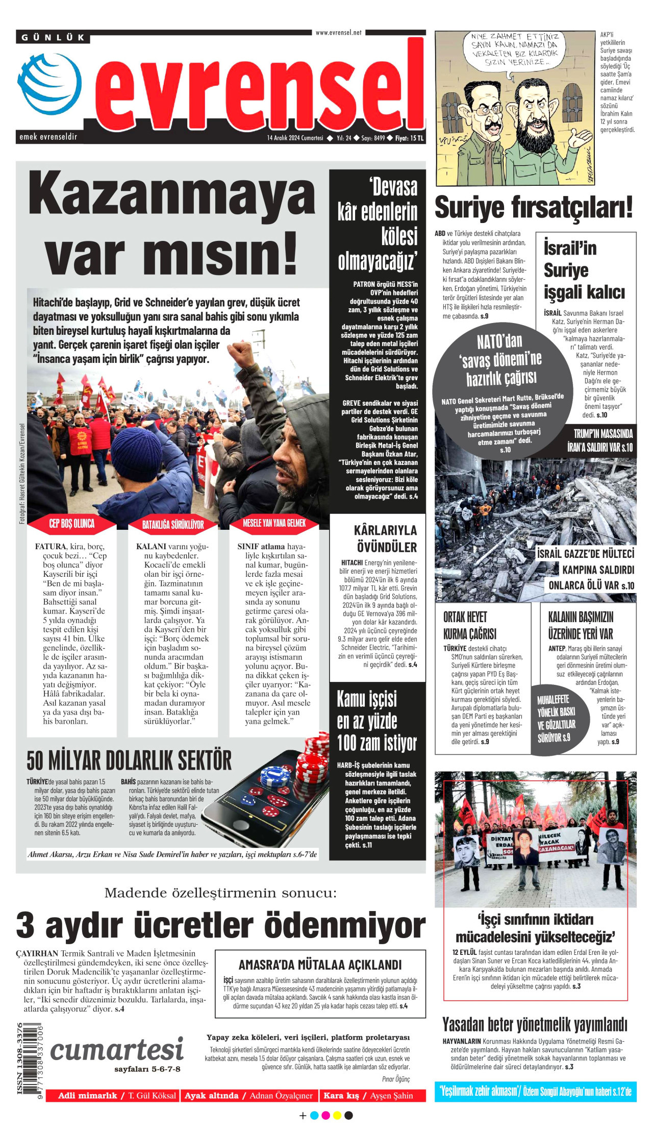 EVRENSEL gazetesinin 14 Aralık 2024 tarihli birinci sayfası