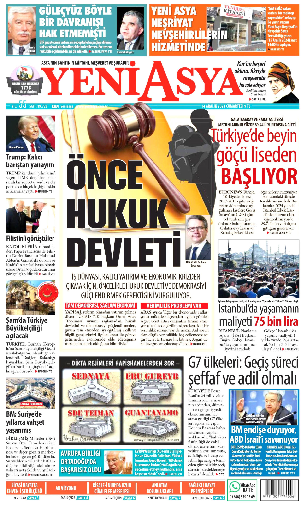 YENİ ASYA gazetesinin 14 Aralık 2024 tarihli birinci sayfası