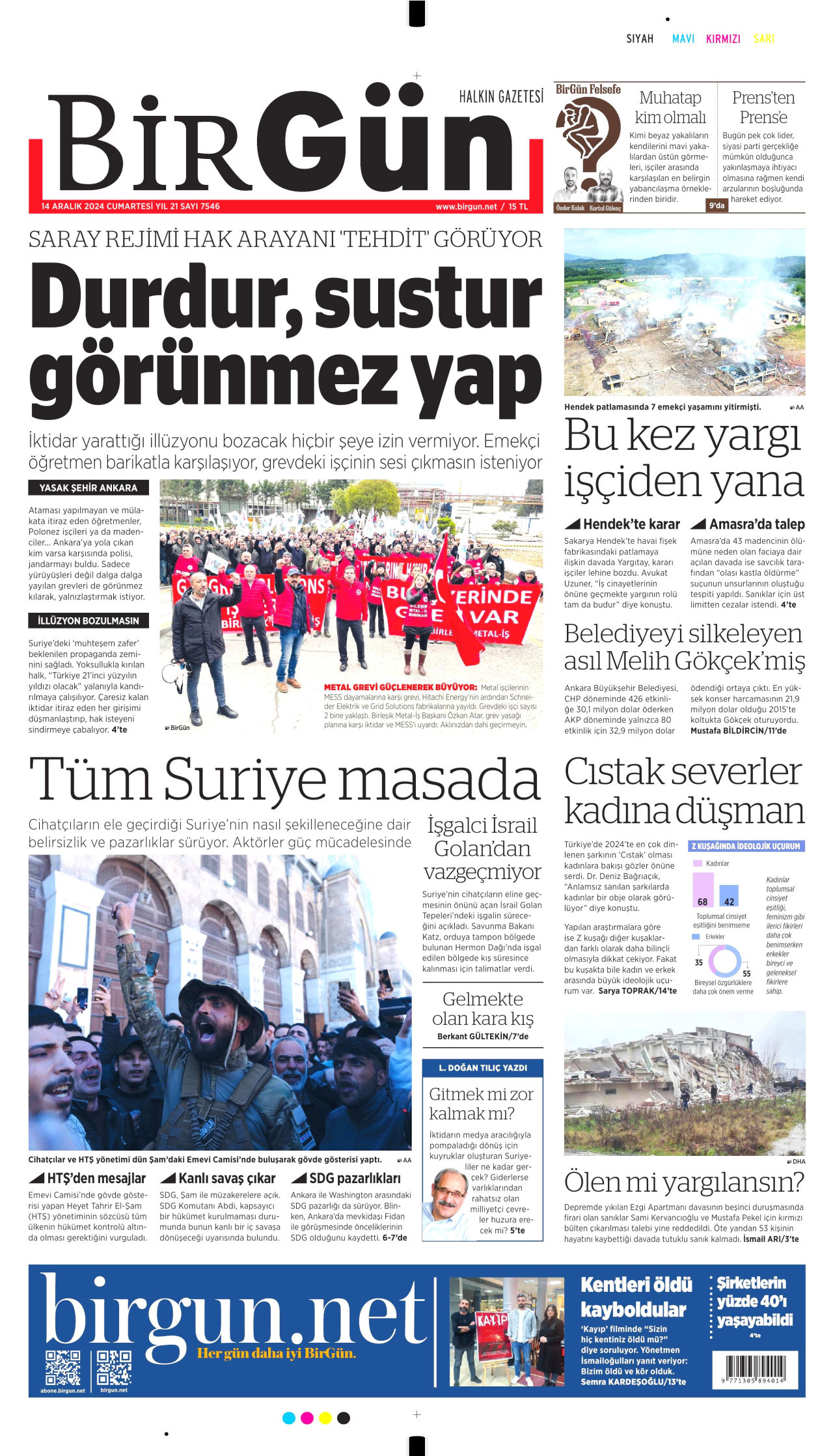 BİRGÜN gazetesinin 14 Aralık 2024 tarihli birinci sayfası