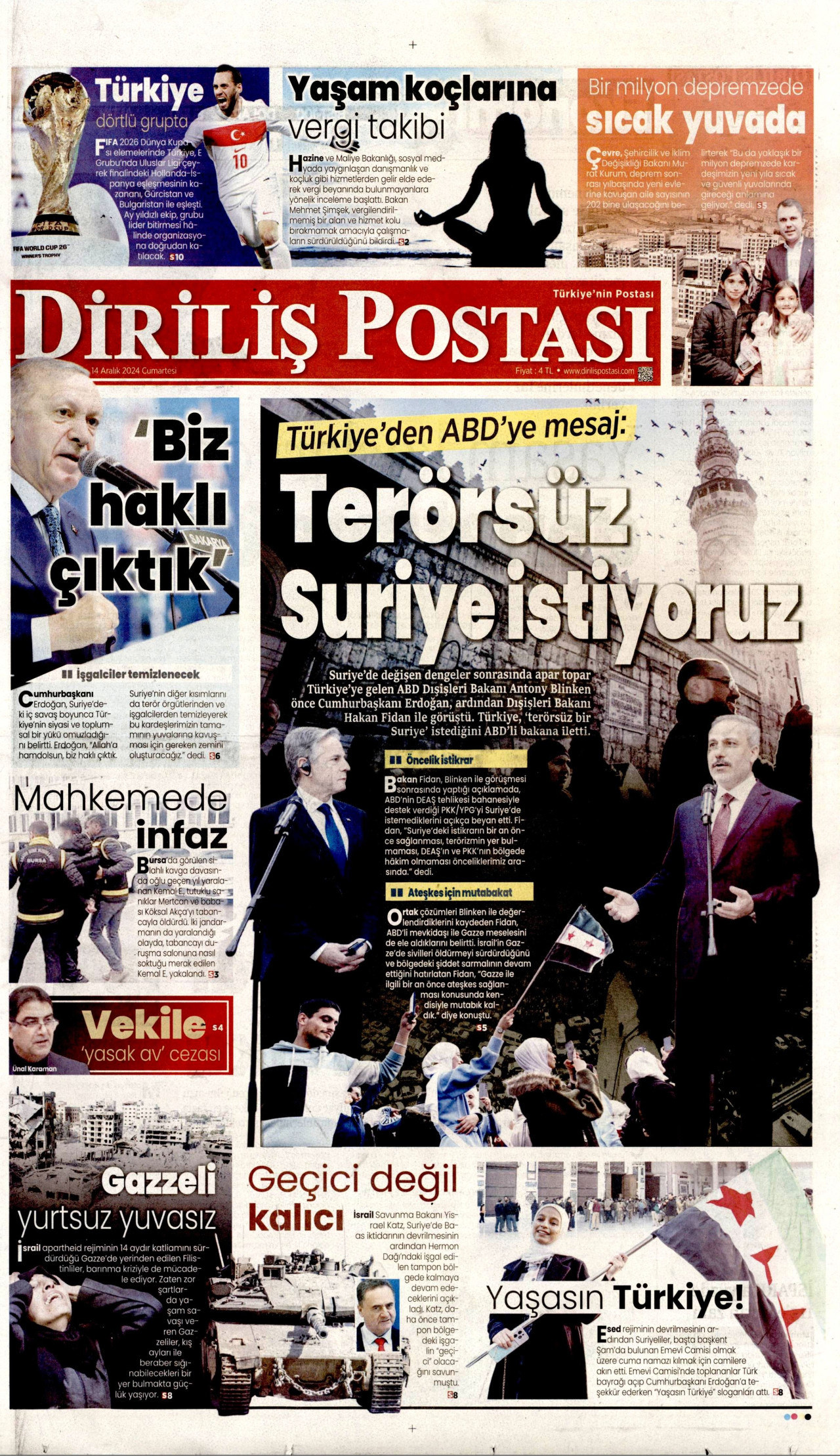 DİRİLİŞ POSTASI gazetesinin 14 Aralık 2024 tarihli birinci sayfası