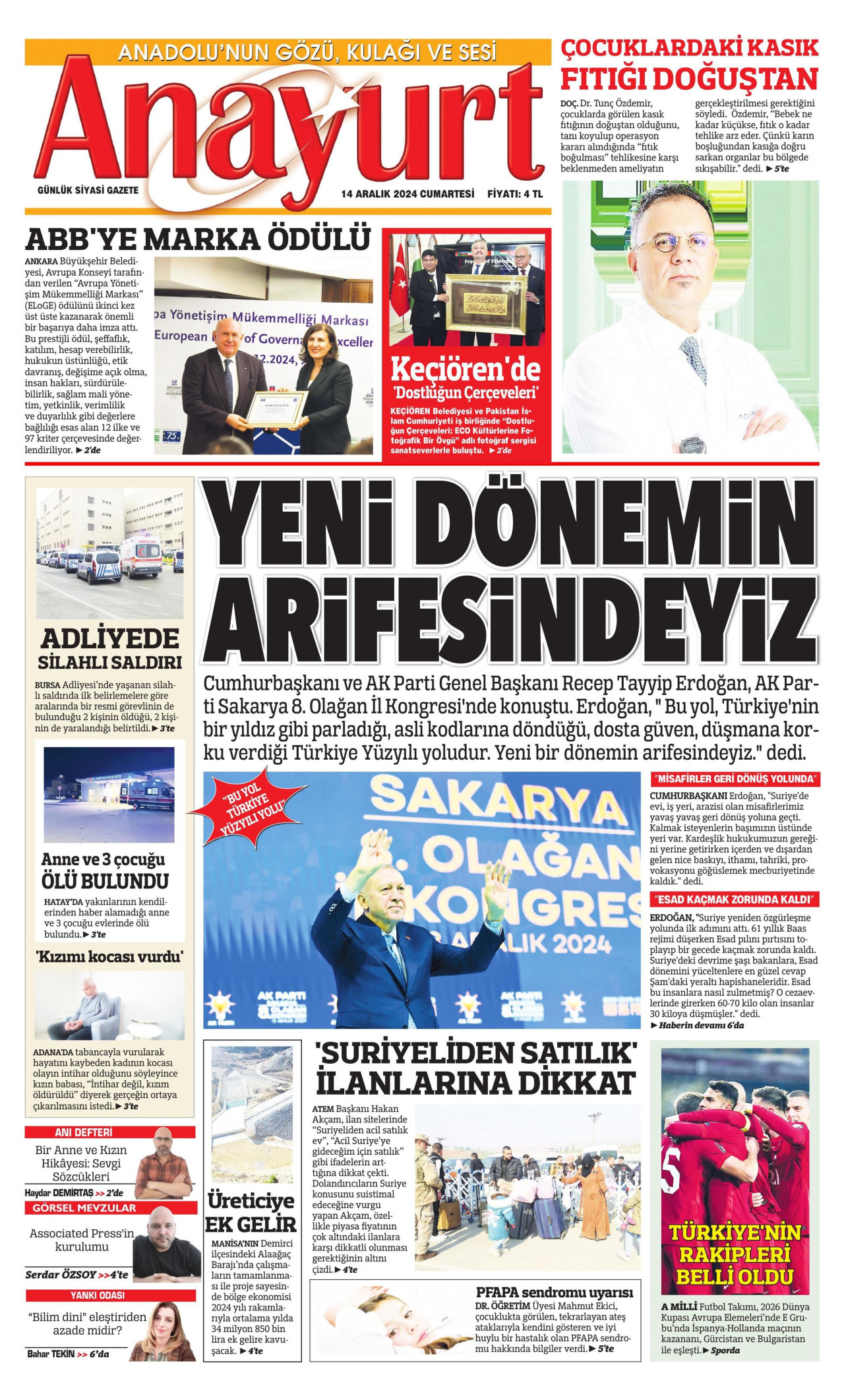 ANAYURT gazetesinin 14 Aralık 2024 tarihli birinci sayfası