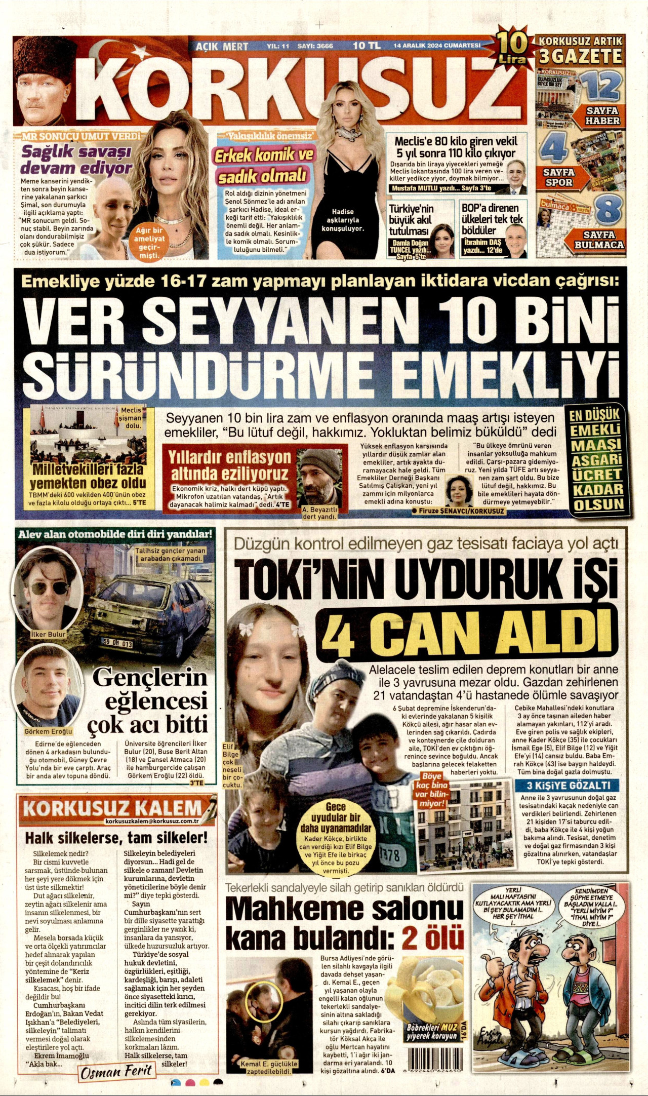 KORKUSUZ gazetesinin 14 Aralık 2024 tarihli birinci sayfası