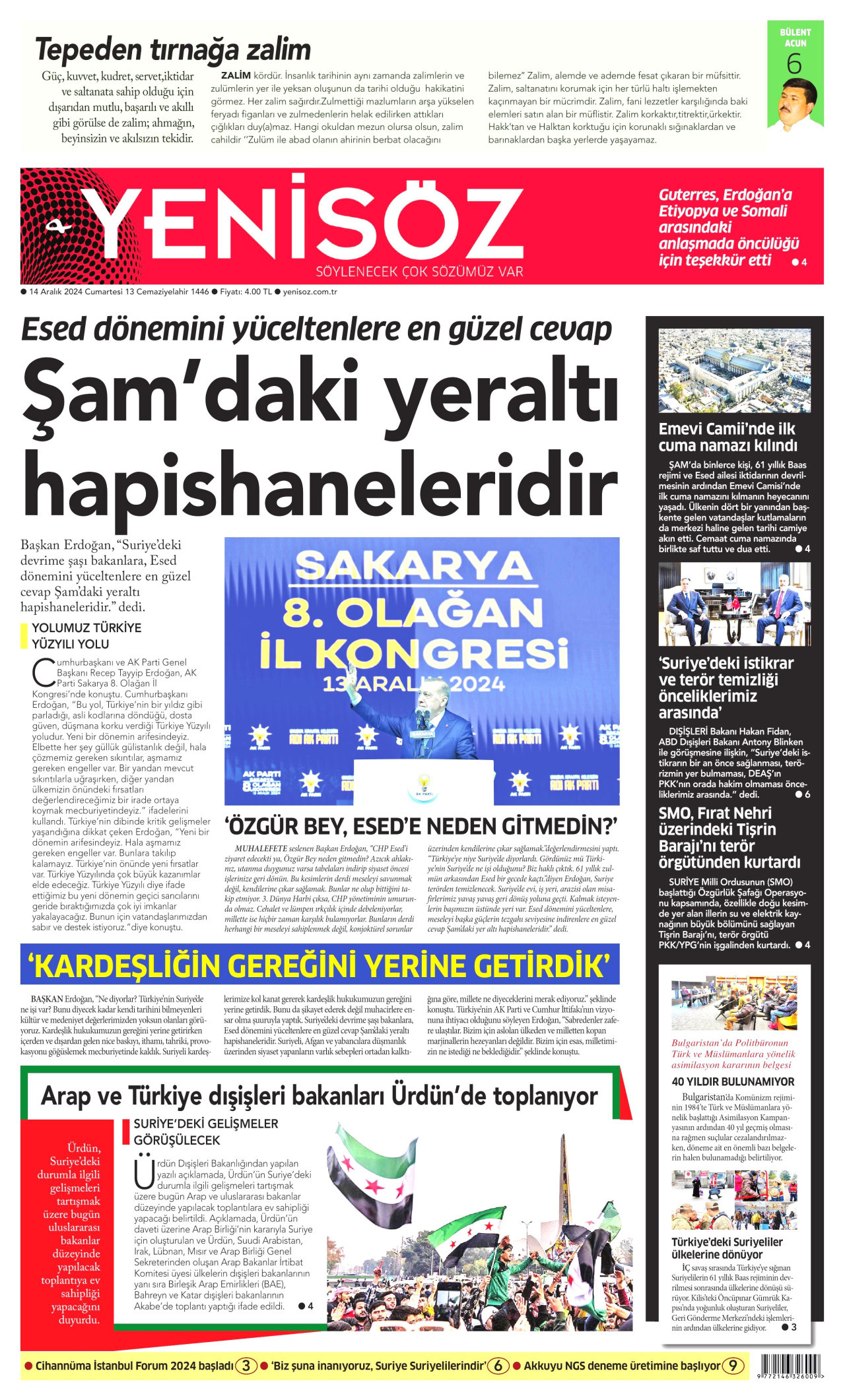 YENİ SÖZ GAZETESİ gazetesinin 14 Aralık 2024 tarihli birinci sayfası
