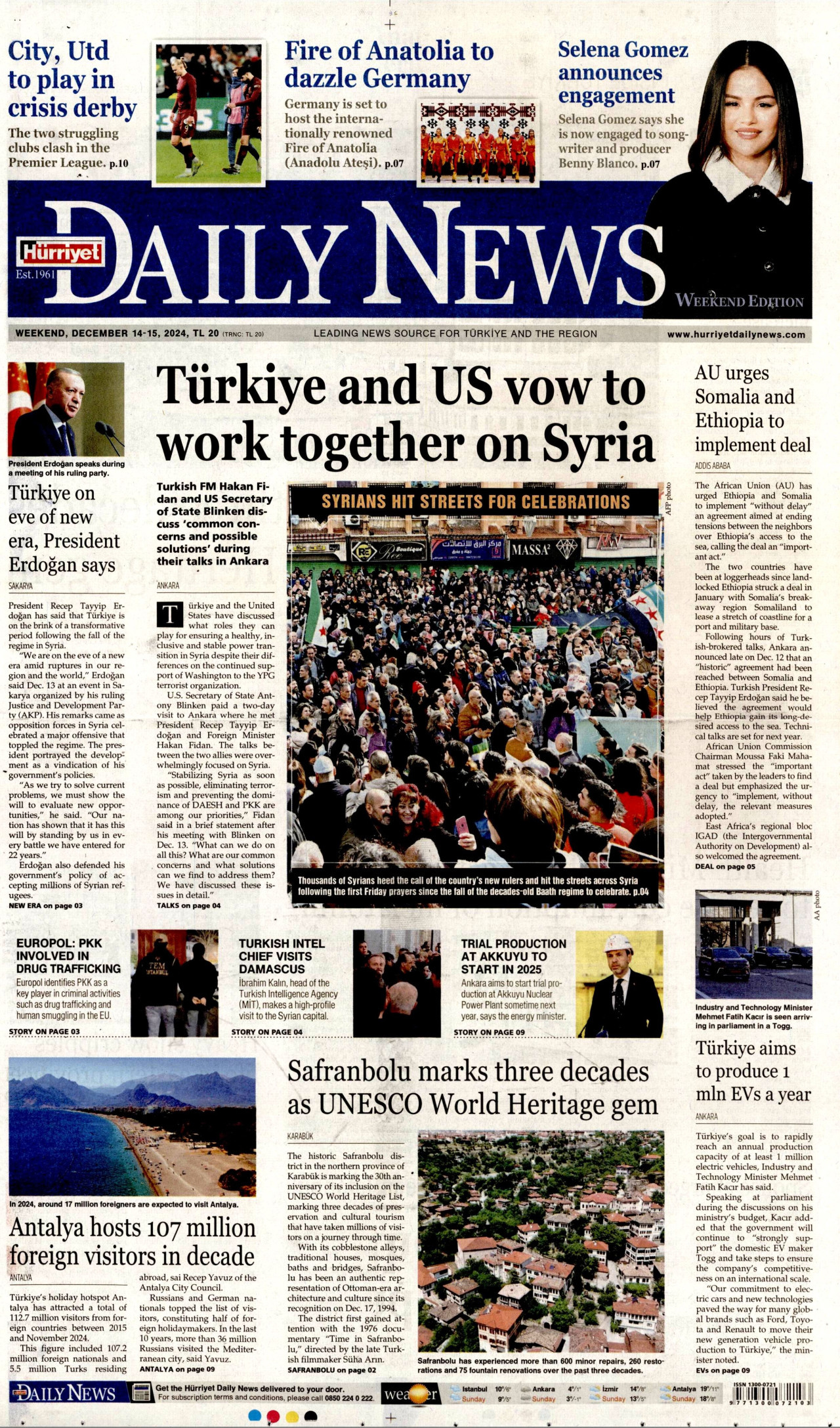 HÜRRİYET DAİLY NEWS gazetesinin 14 Aralık 2024 tarihli birinci sayfası