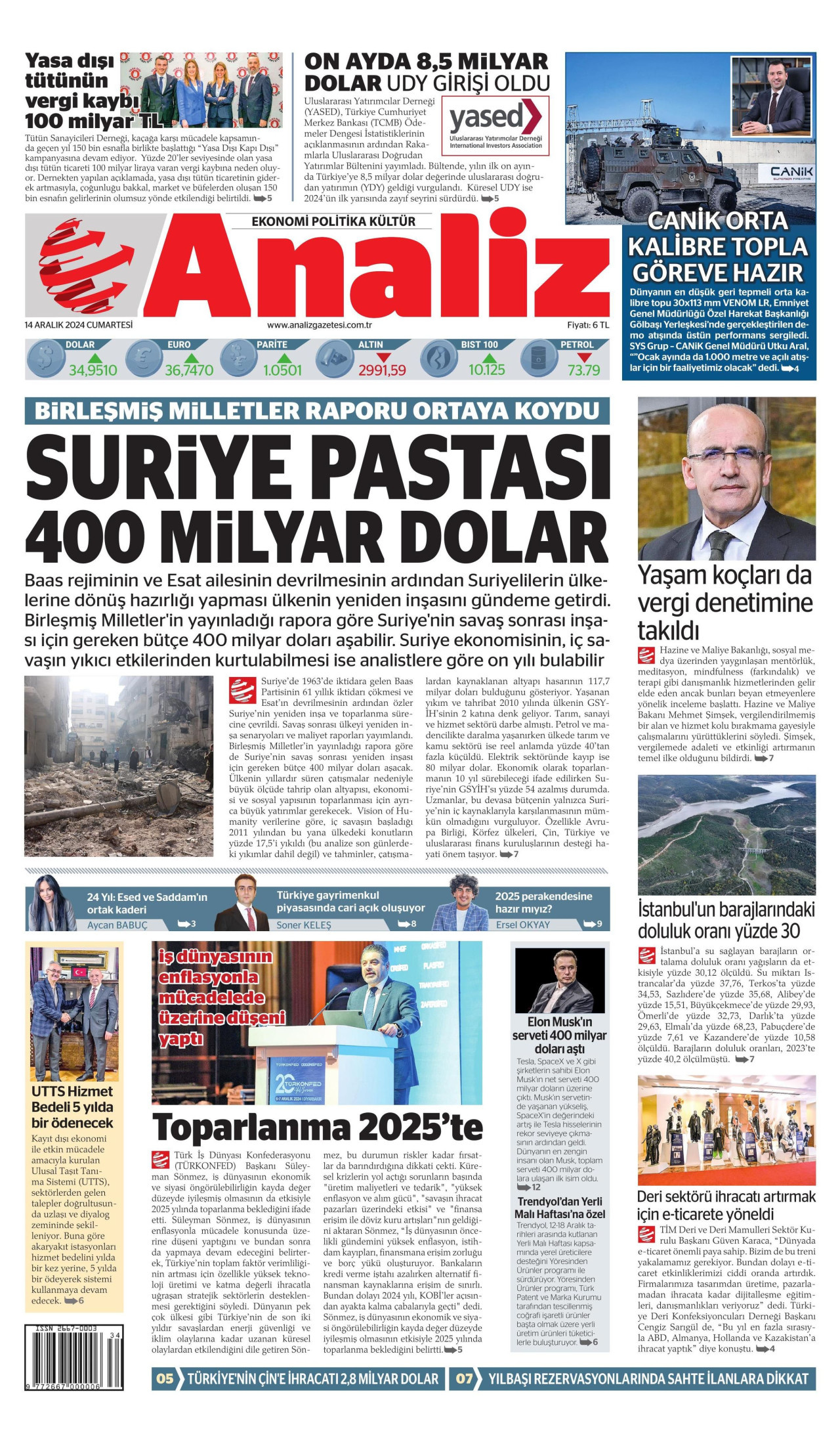 ANALİZ gazetesinin 14 Aralık 2024 tarihli birinci sayfası