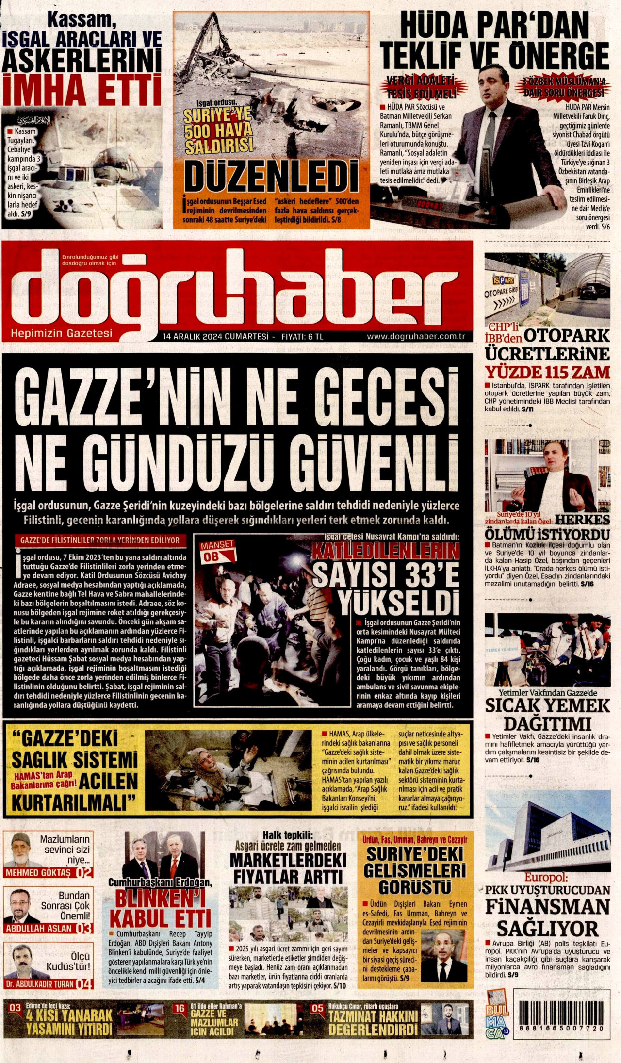 DOĞRU HABER gazetesinin 14 Aralık 2024 tarihli birinci sayfası