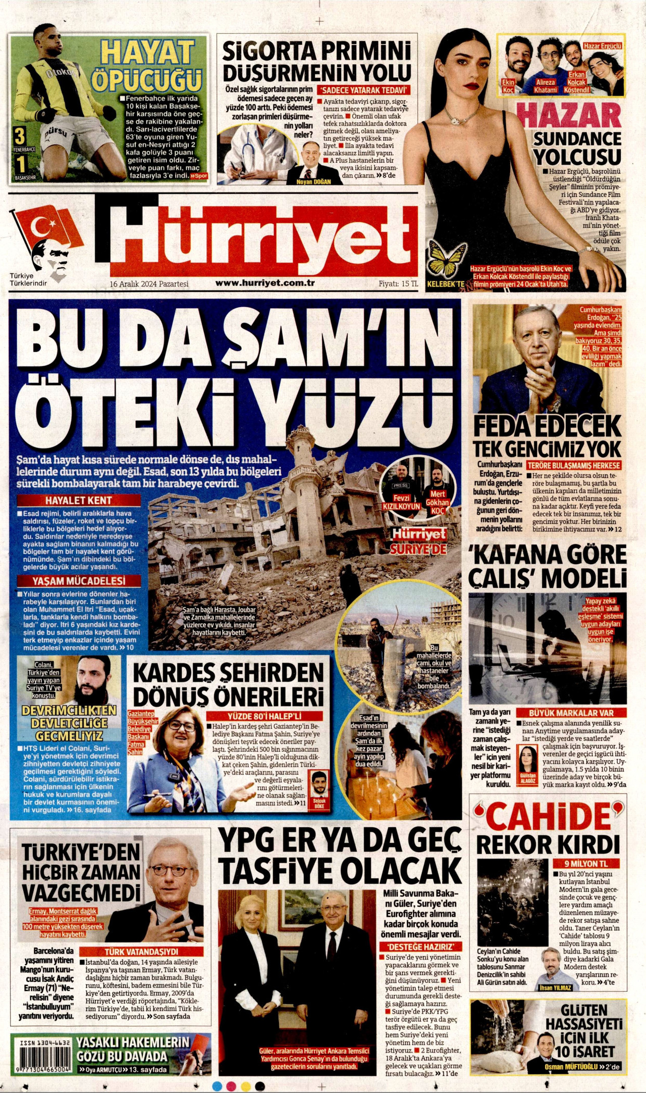 HÜRRİYET gazetesinin 16 Aralık 2024 tarihli birinci sayfası