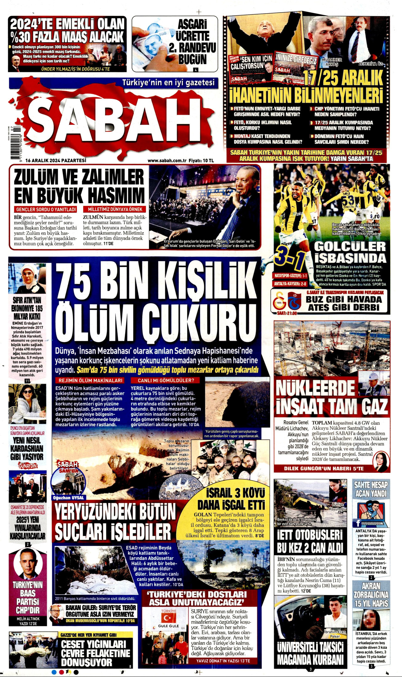SABAH gazetesinin 16 Aralık 2024 tarihli birinci sayfası