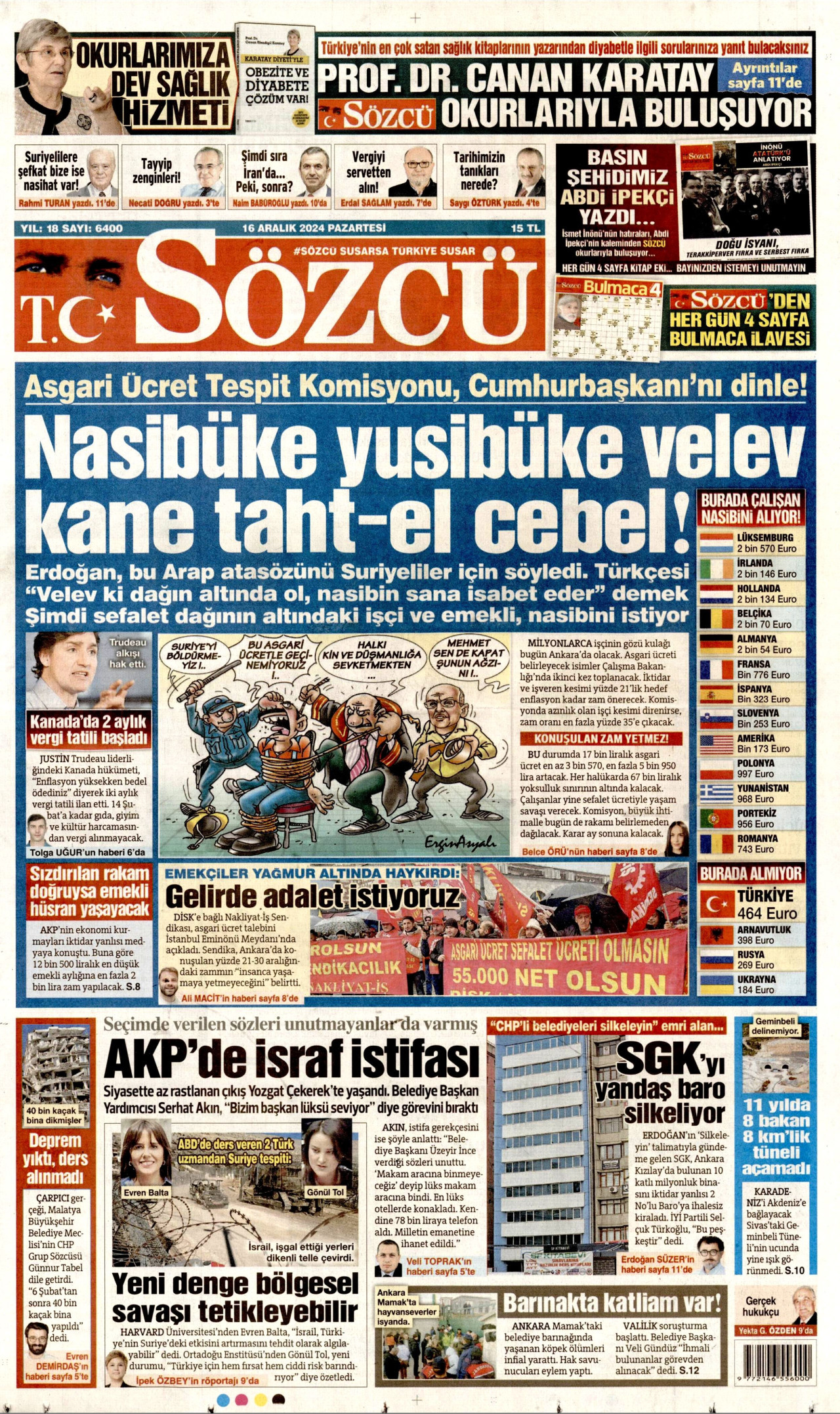 SÖZCÜ gazetesinin 16 Aralık 2024 tarihli birinci sayfası