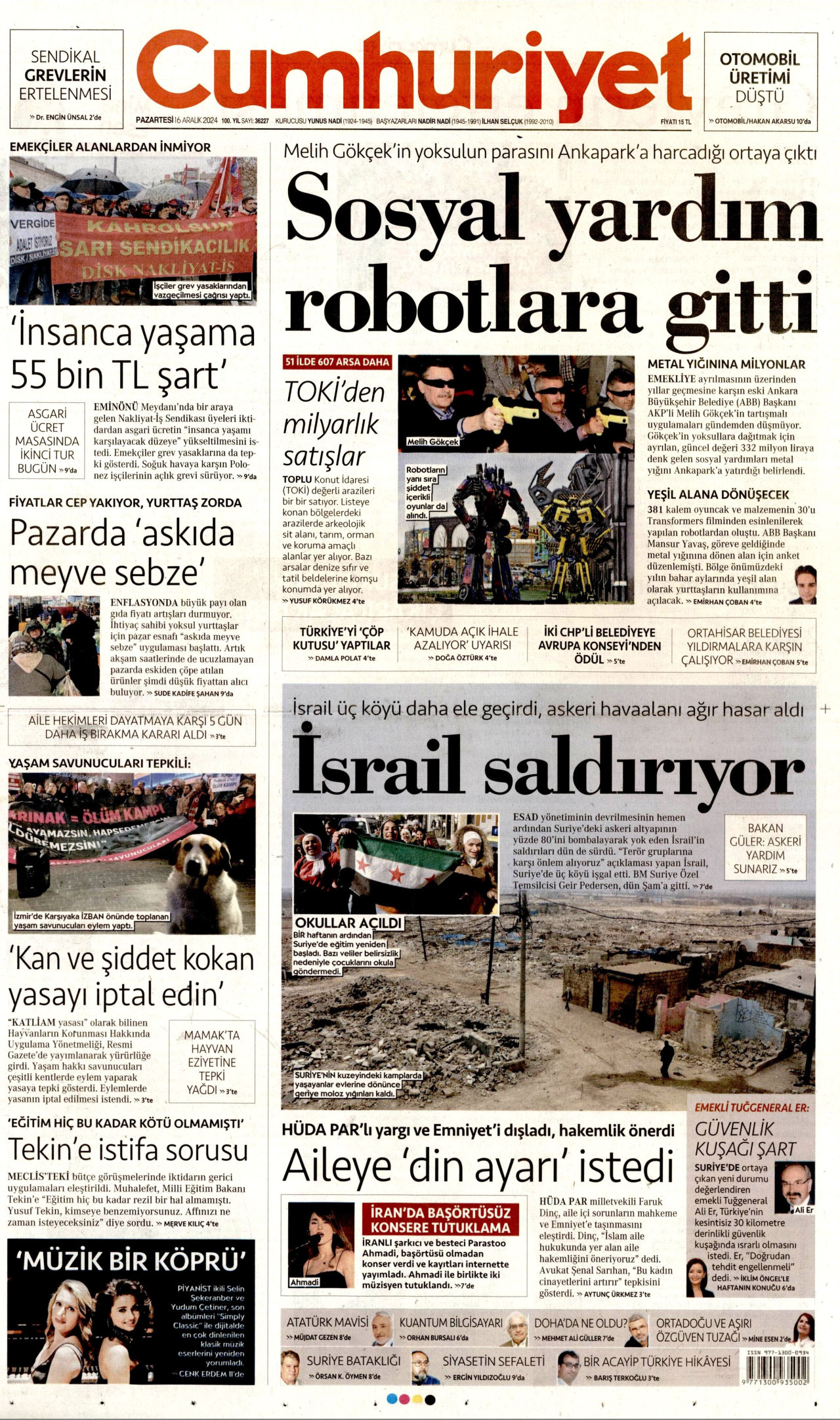 CUMHURİYET gazetesinin 16 Aralık 2024 tarihli birinci sayfası
