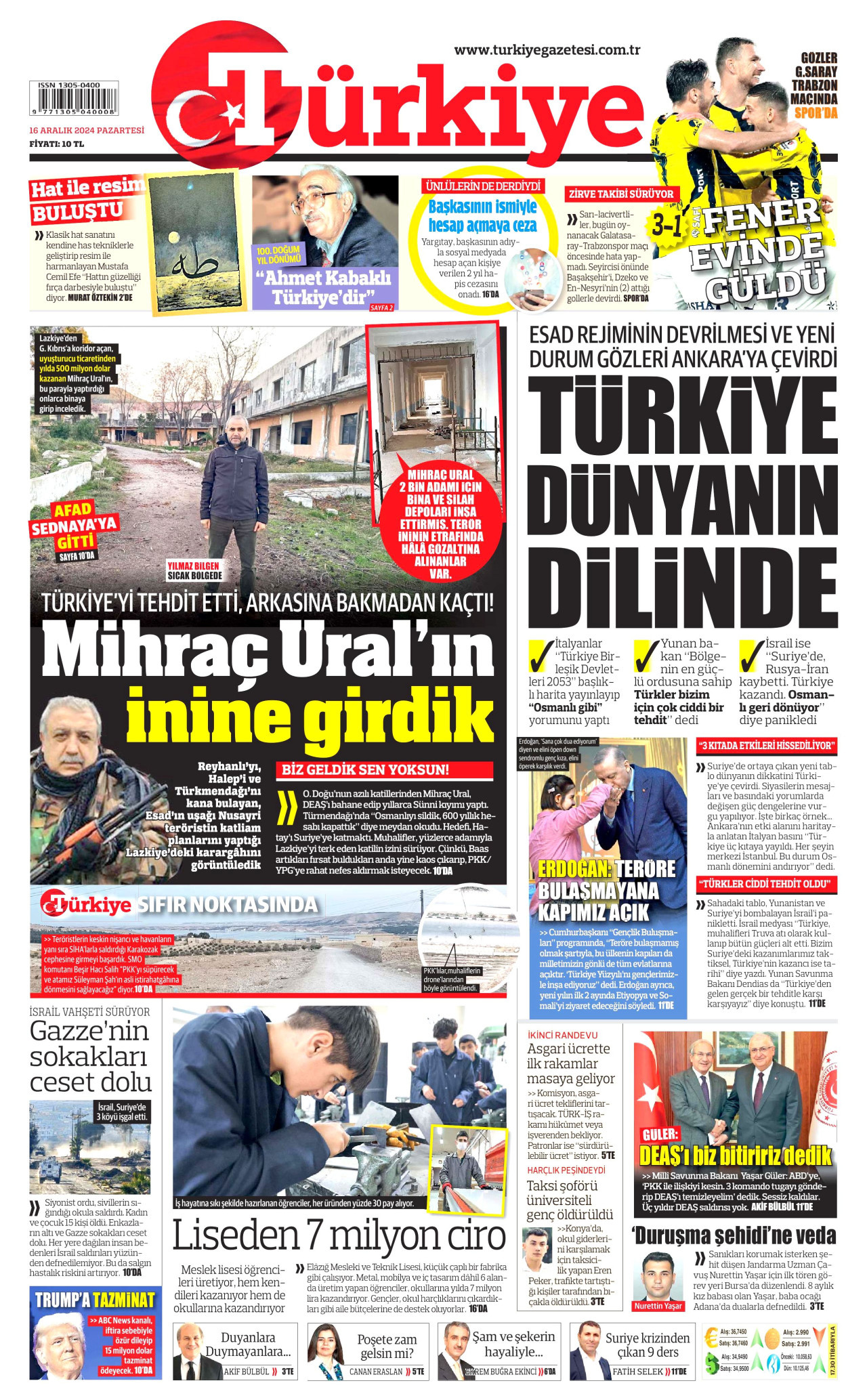 TÜRKİYE GAZETESİ gazetesinin 16 Aralık 2024 tarihli birinci sayfası