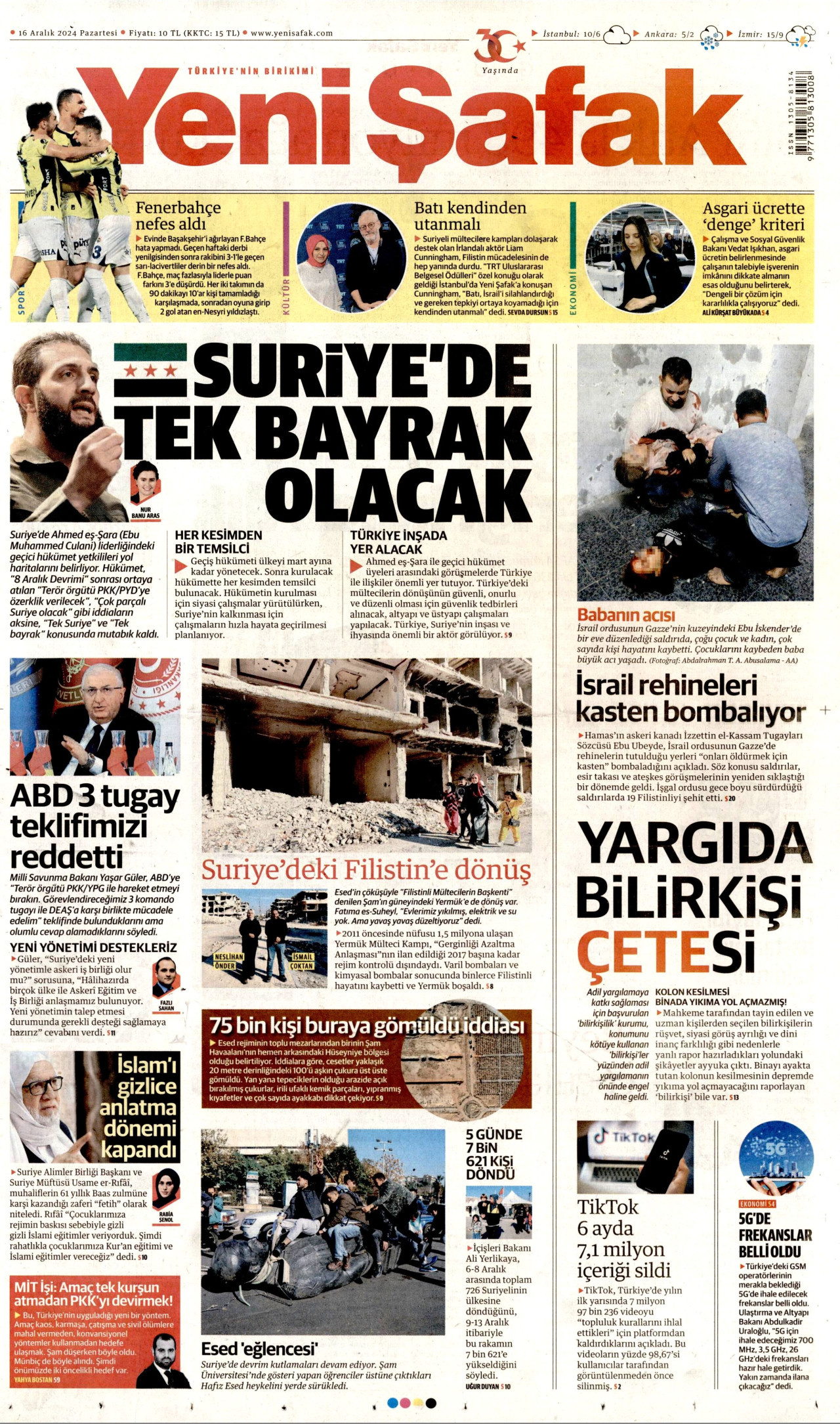 YENİ ŞAFAK gazetesinin 16 Aralık 2024 tarihli birinci sayfası