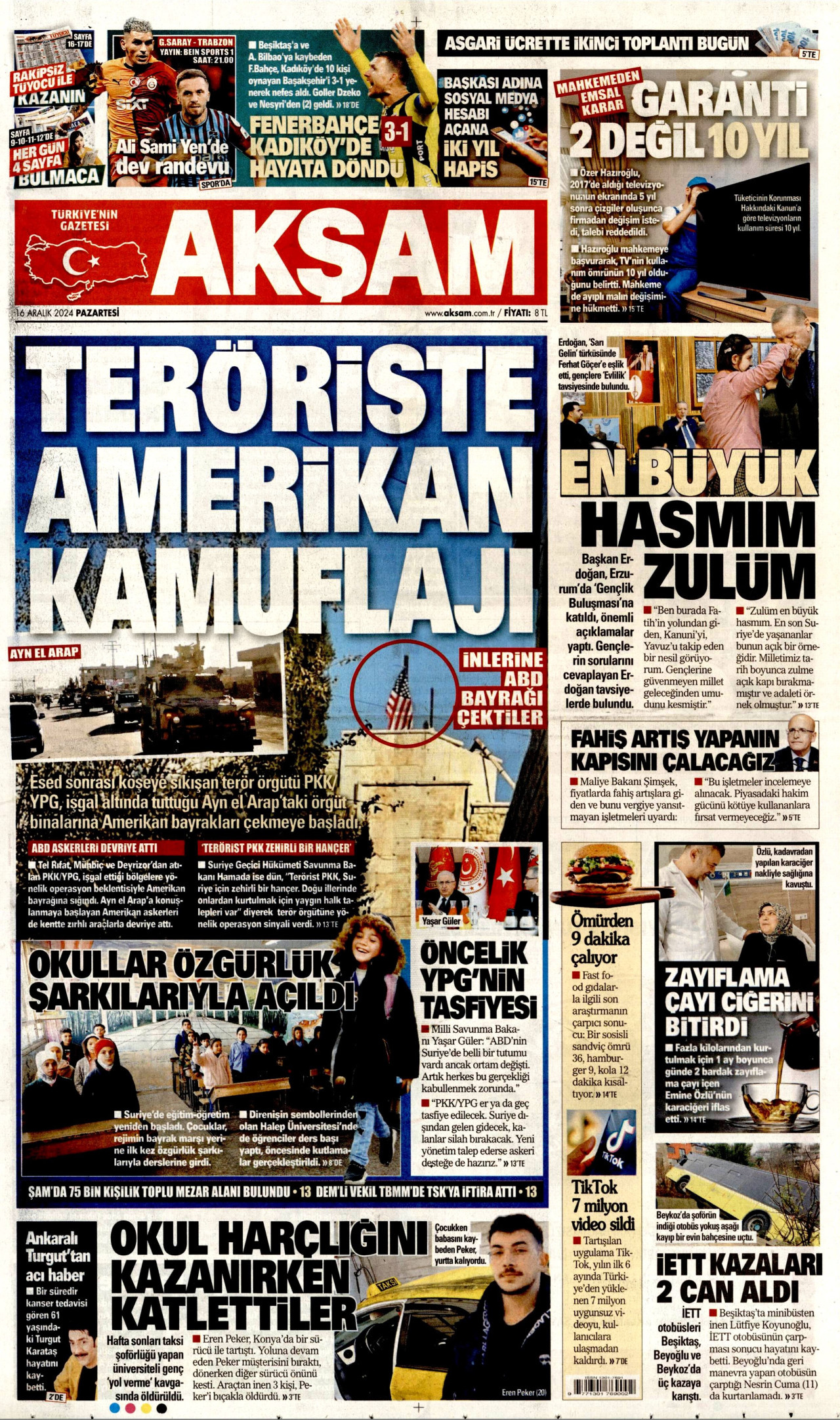 AKŞAM gazetesinin 16 Aralık 2024 tarihli birinci sayfası