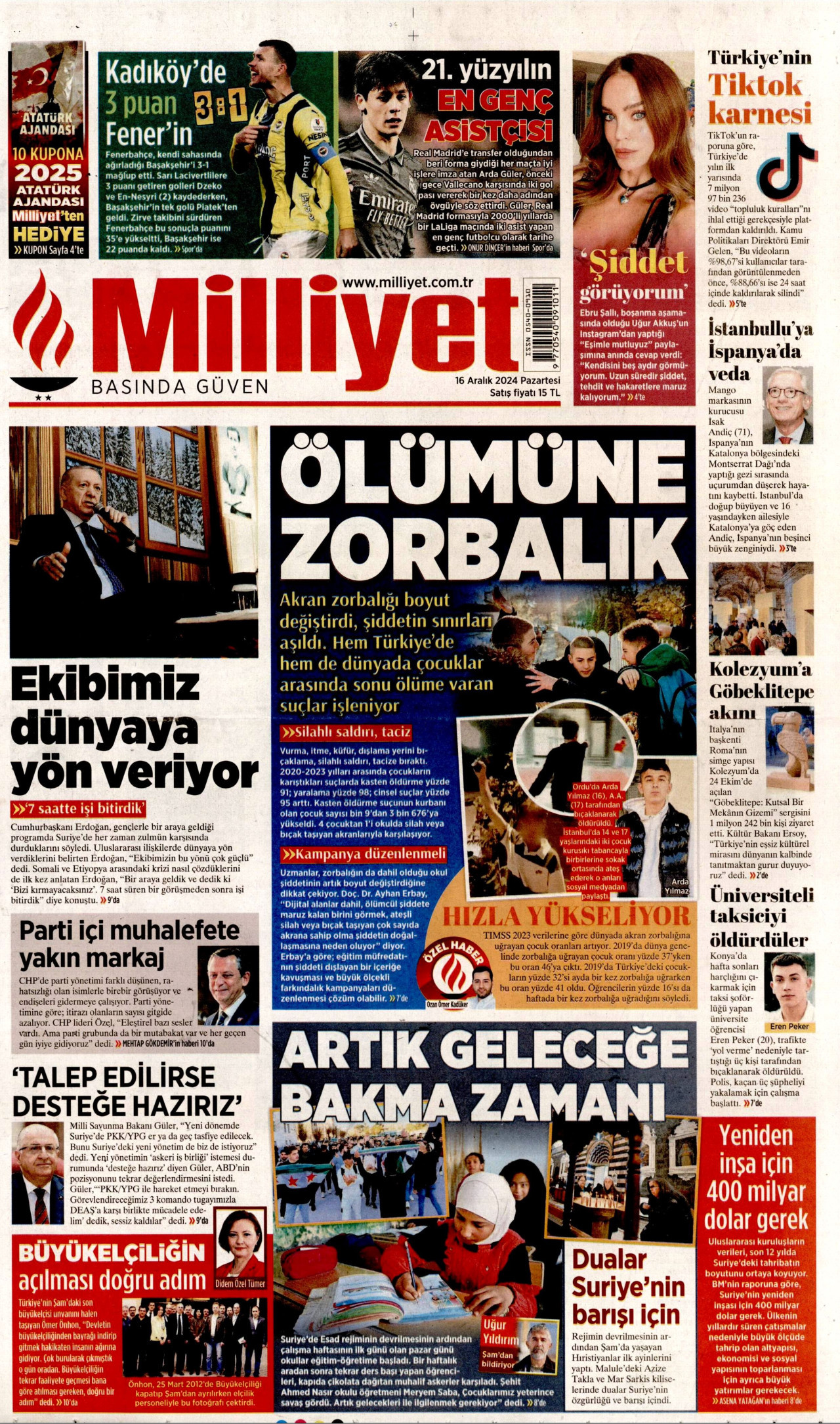 MİLLİYET gazetesinin 16 Aralık 2024 tarihli birinci sayfası