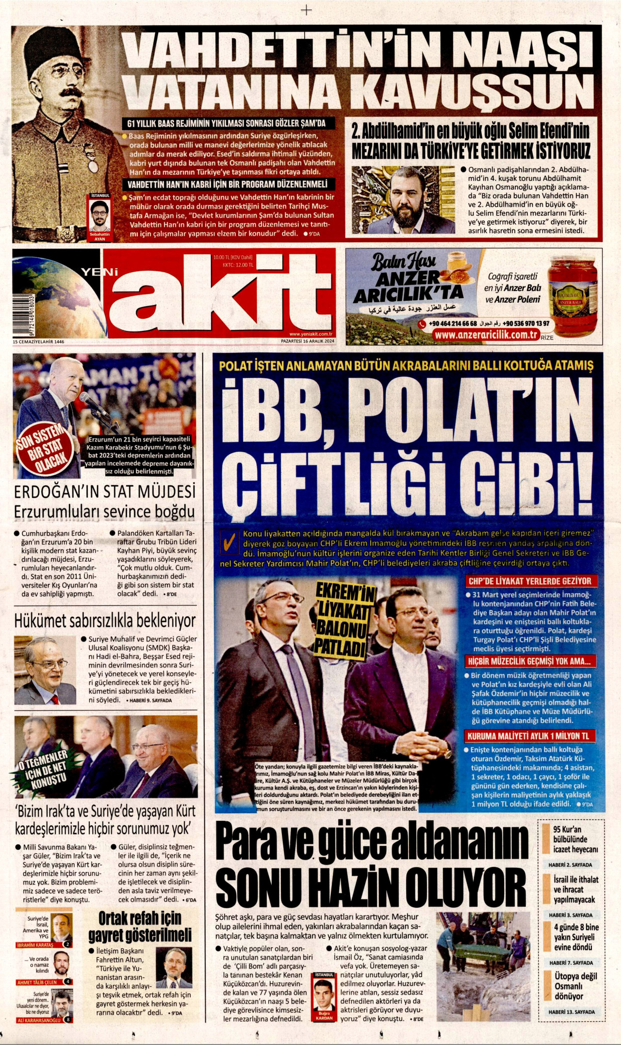 YENİ AKİT gazetesinin 16 Aralık 2024 tarihli birinci sayfası