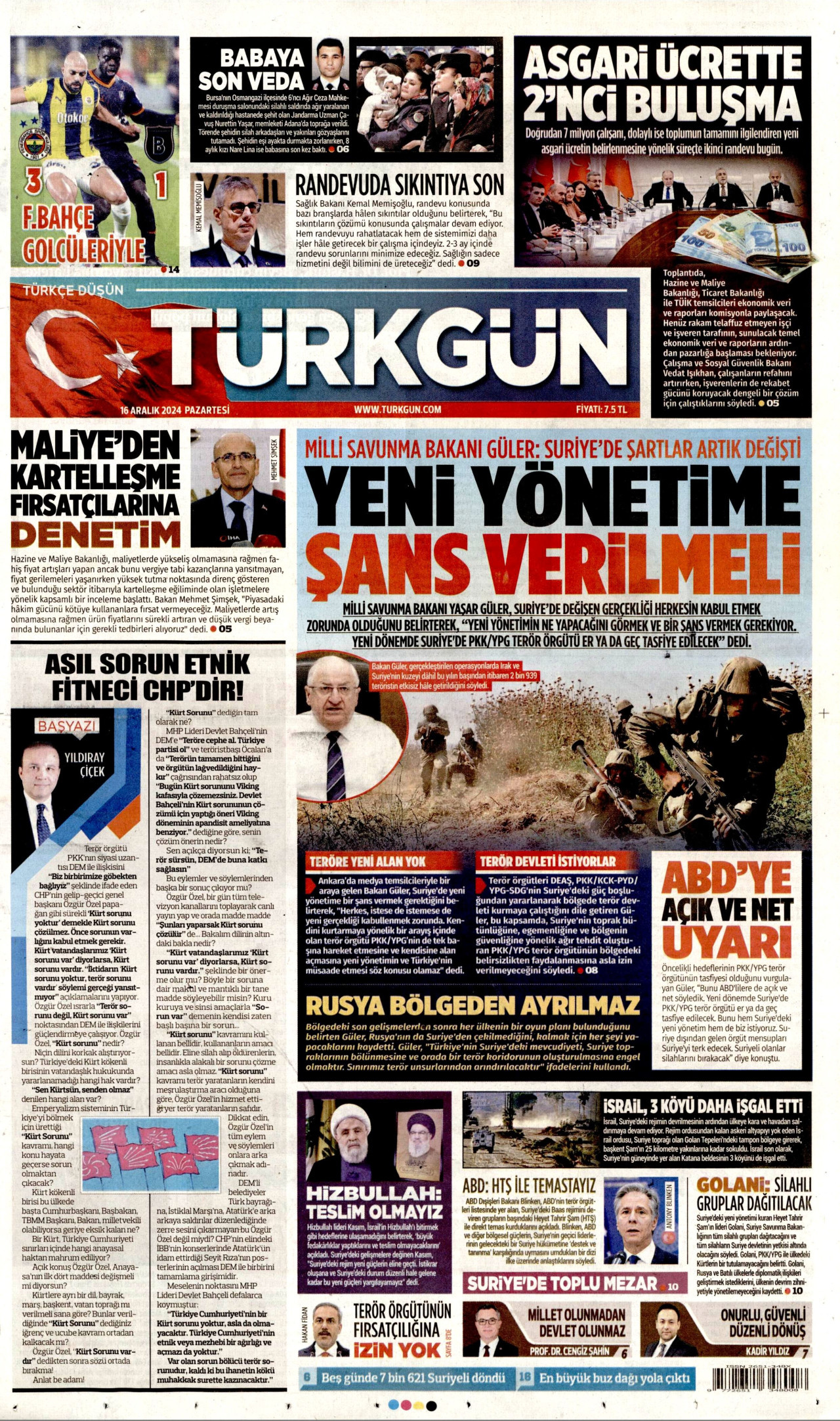 TÜRKGÜN gazetesinin 16 Aralık 2024 tarihli birinci sayfası