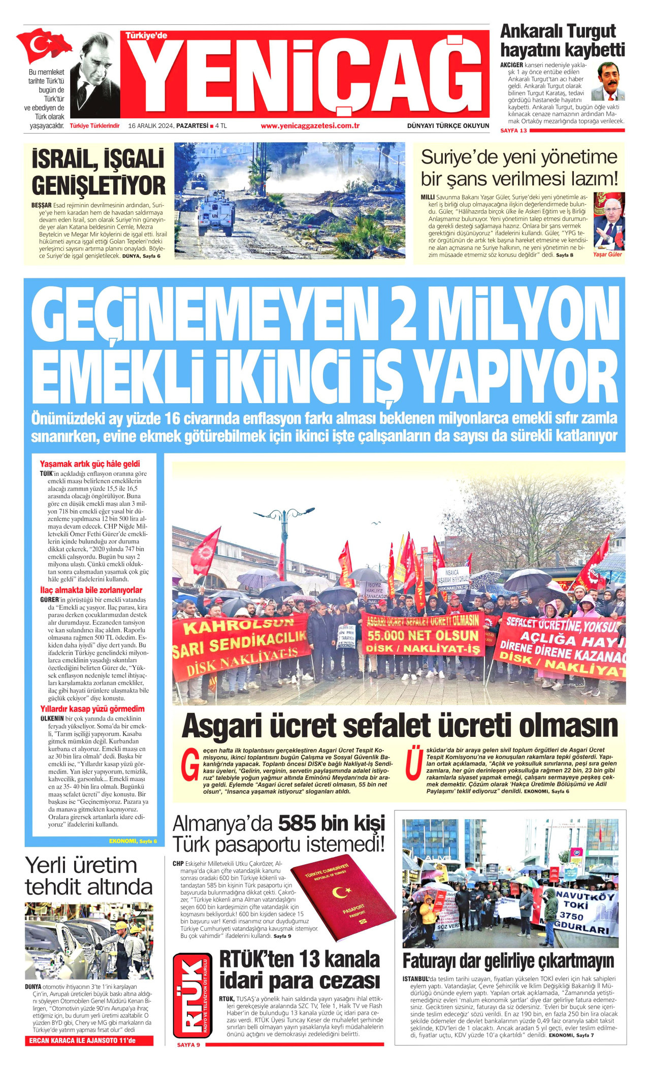 YENİÇAĞ gazetesinin 16 Aralık 2024 tarihli birinci sayfası