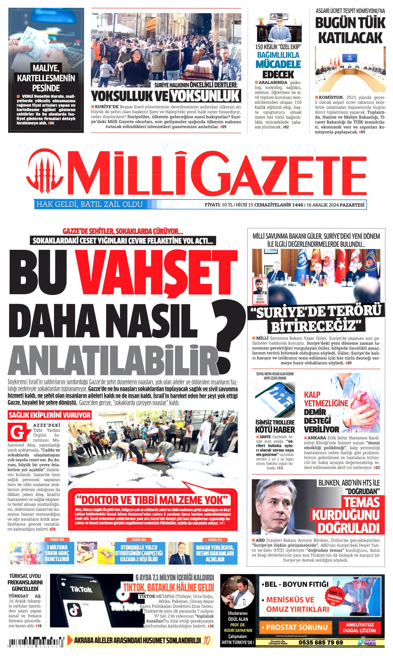 MİLLİ GAZETE gazetesinin 16 Aralık 2024 tarihli birinci sayfası