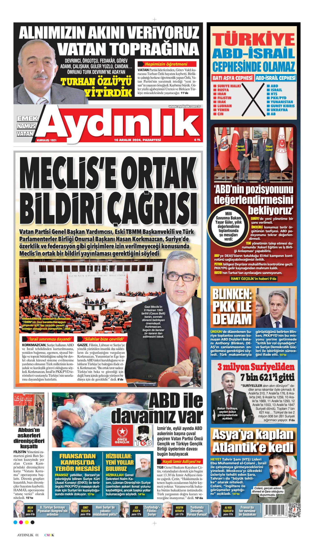 AYDINLIK GAZETESİ gazetesinin 16 Aralık 2024 tarihli birinci sayfası