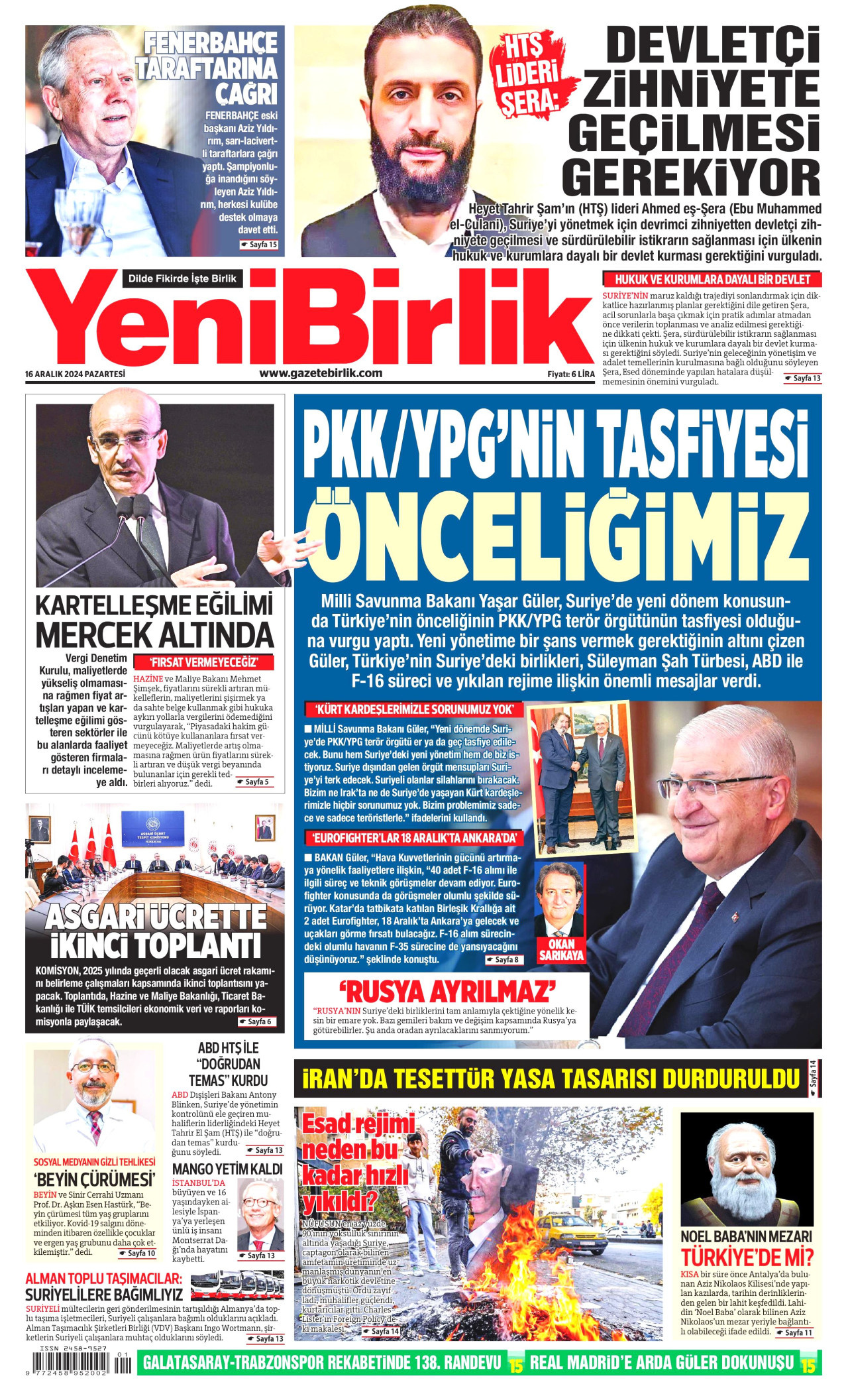 YENİBİRLİK gazetesinin 16 Aralık 2024 tarihli birinci sayfası