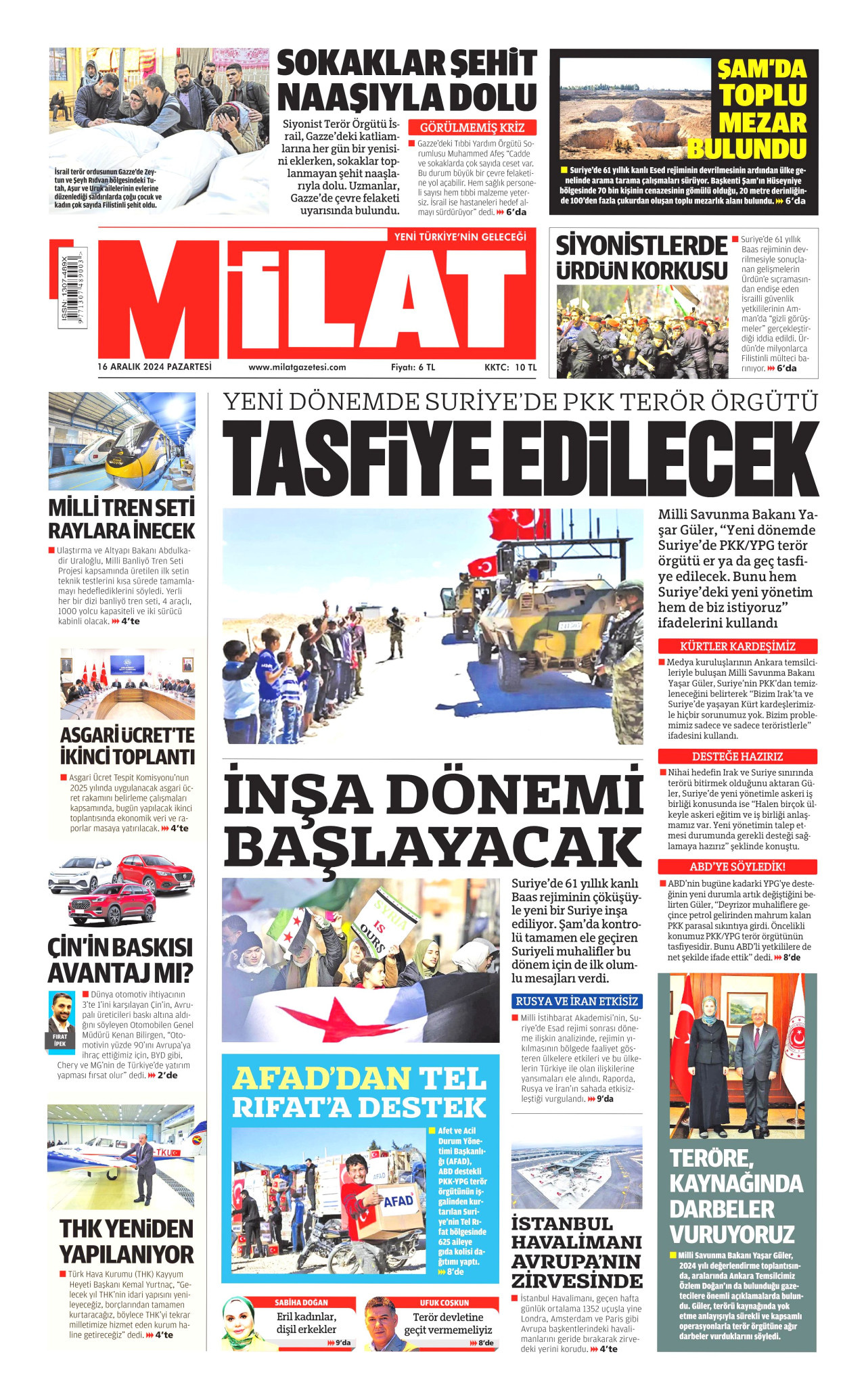 MİLAT gazetesinin 16 Aralık 2024 tarihli birinci sayfası