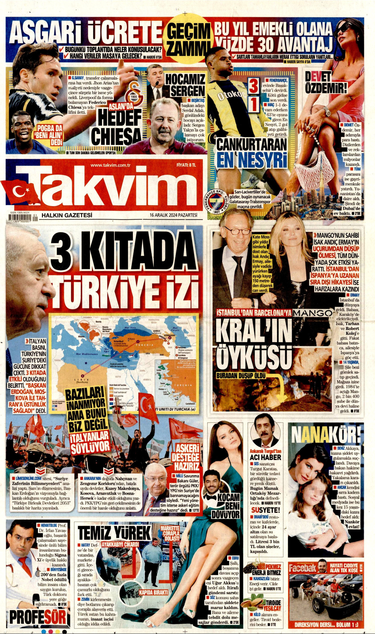 TAKVİM gazetesinin 16 Aralık 2024 tarihli birinci sayfası