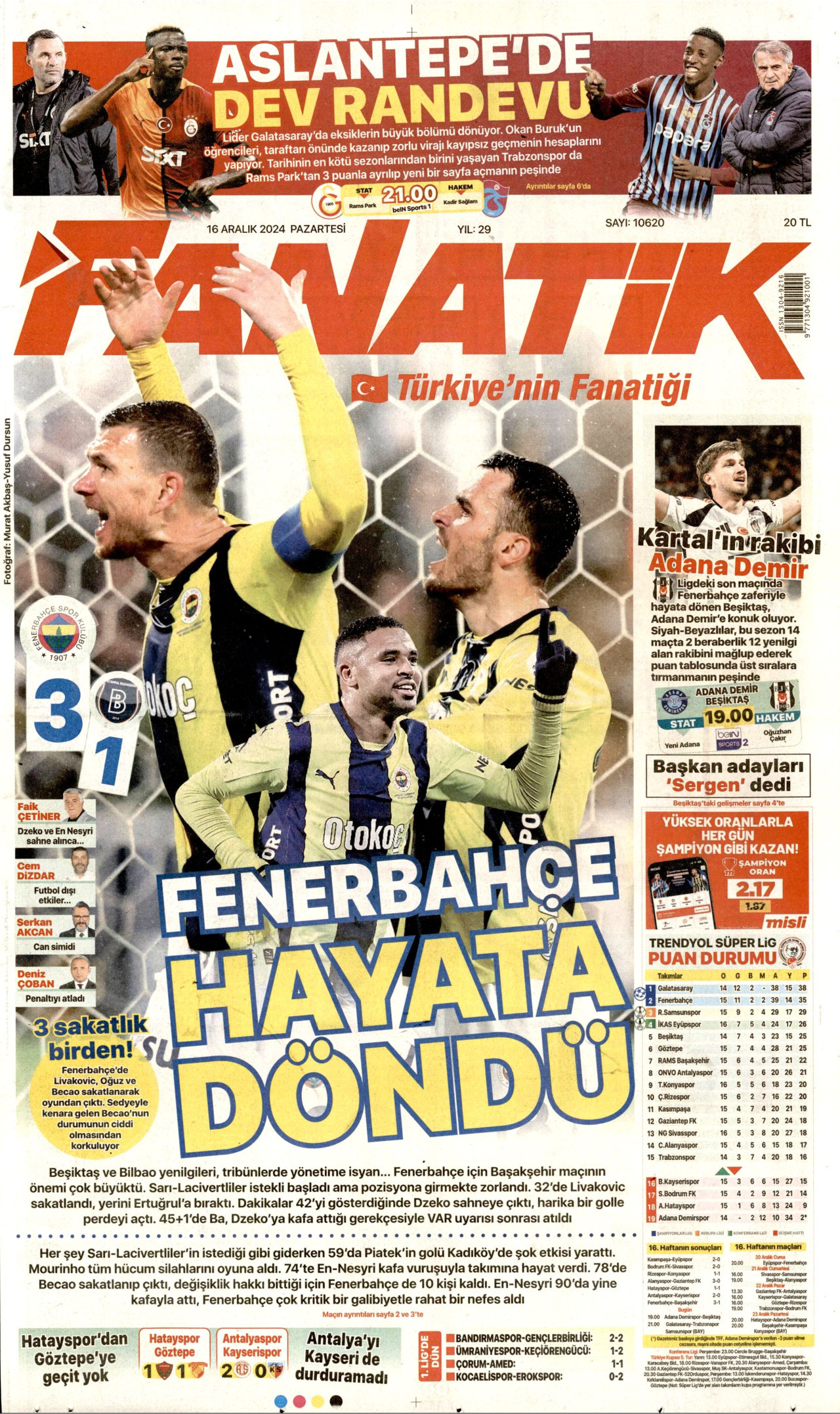 FANATİK gazetesinin 16 Aralık 2024 tarihli birinci sayfası