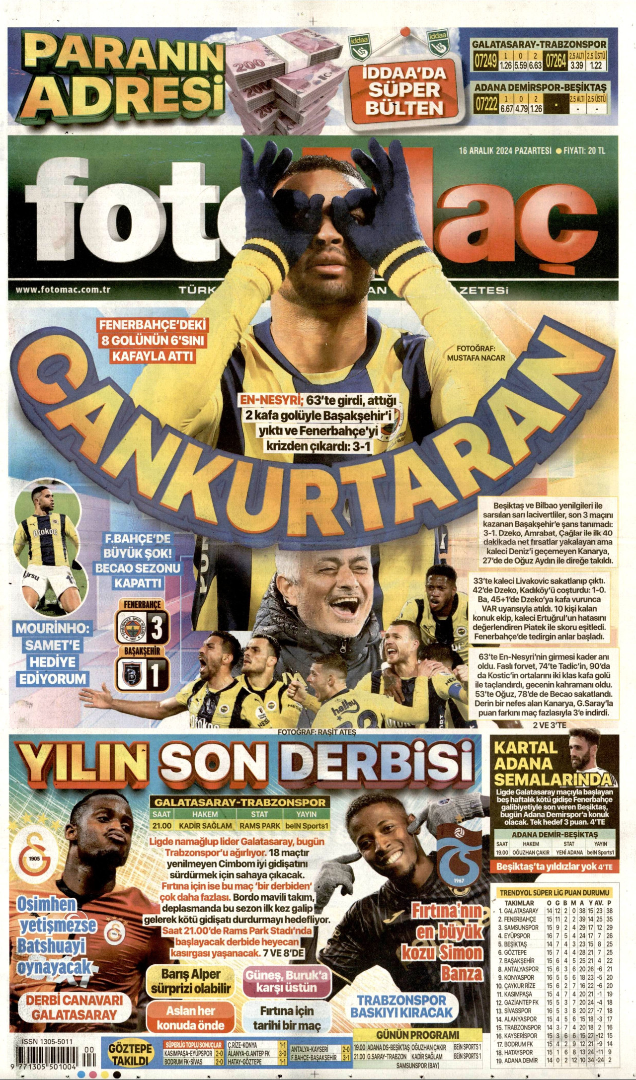 FOTOMAÇ gazetesinin 16 Aralık 2024 tarihli birinci sayfası