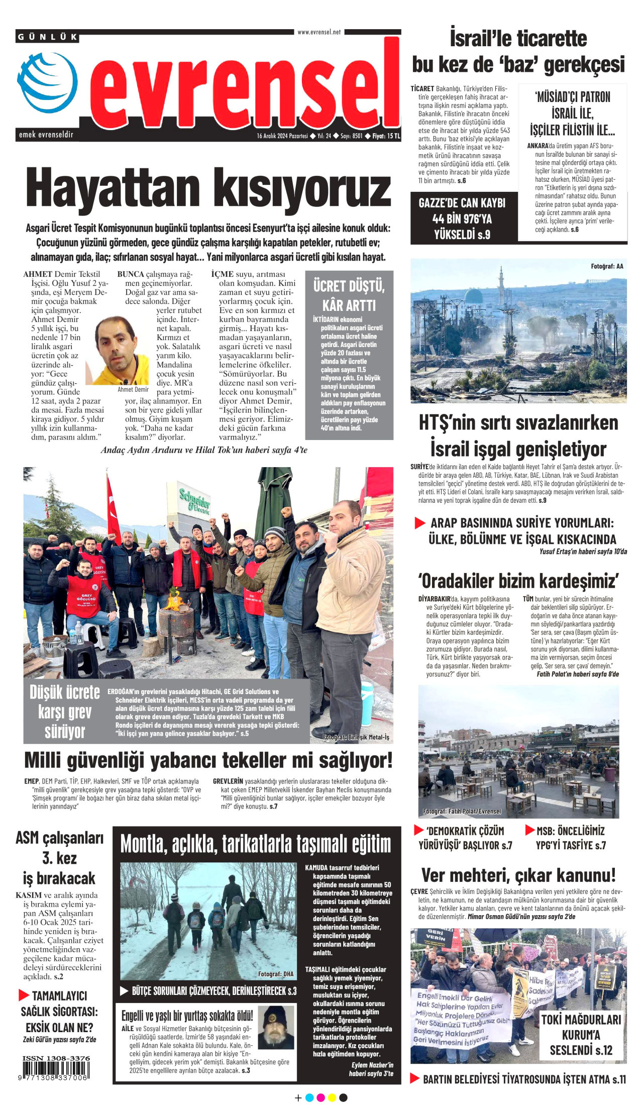 EVRENSEL gazetesinin 16 Aralık 2024 tarihli birinci sayfası