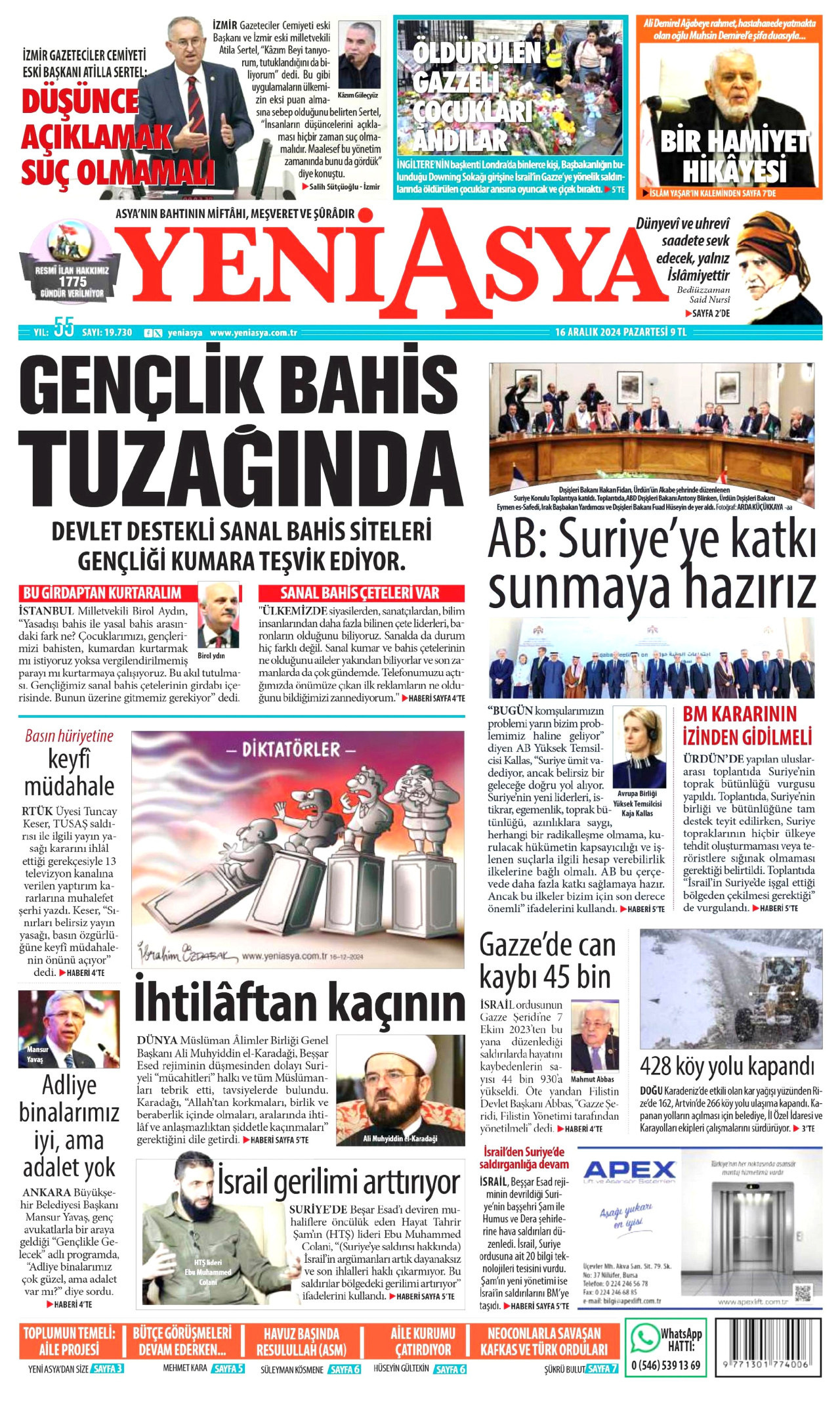 YENİ ASYA gazetesinin 16 Aralık 2024 tarihli birinci sayfası