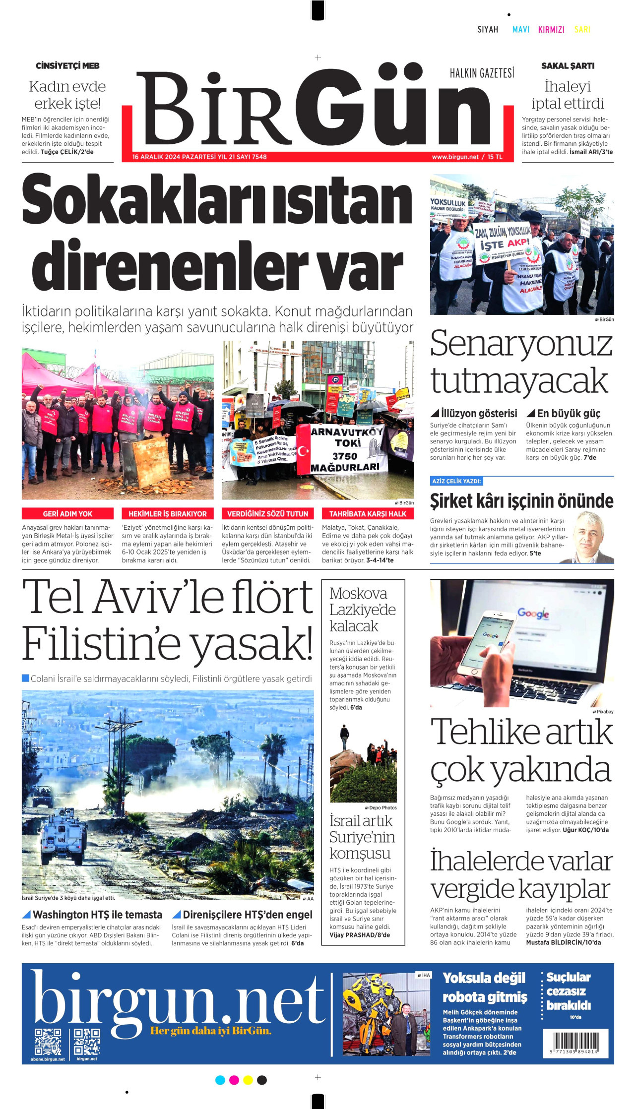 BİRGÜN gazetesinin 16 Aralık 2024 tarihli birinci sayfası