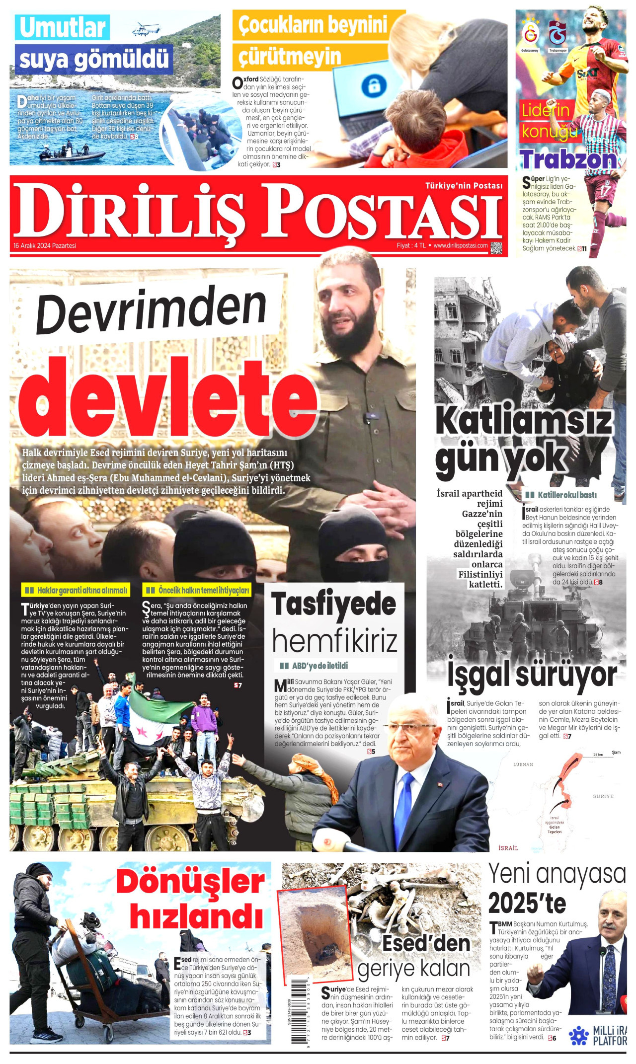 DİRİLİŞ POSTASI gazetesinin 16 Aralık 2024 tarihli birinci sayfası